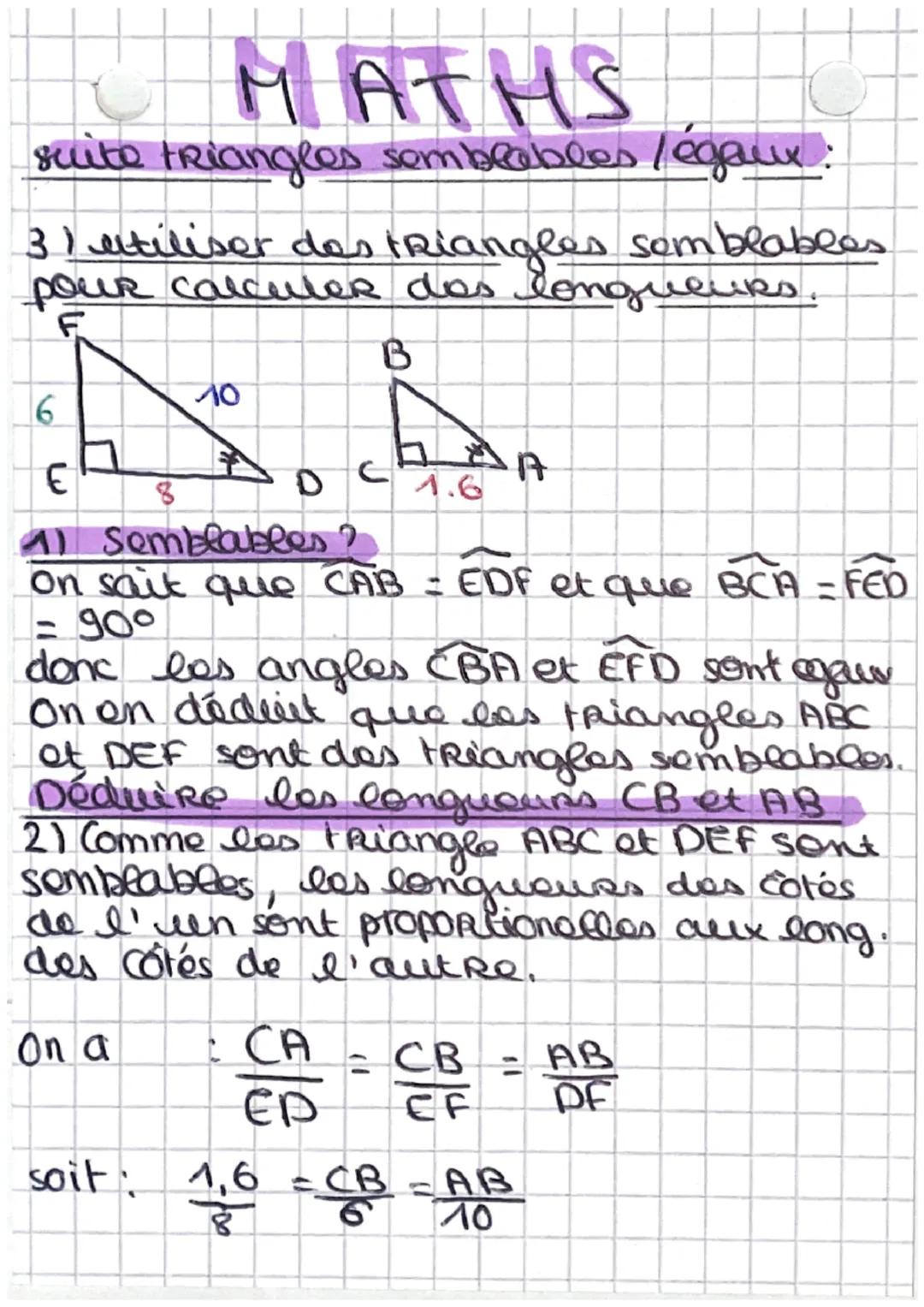 dans
la PRATIQUE.
POUR mentrer que deux triangles sont
semblables, il suffit do s'assurer que 2
couples d'angles sont égaux 2 à 2
En effet,