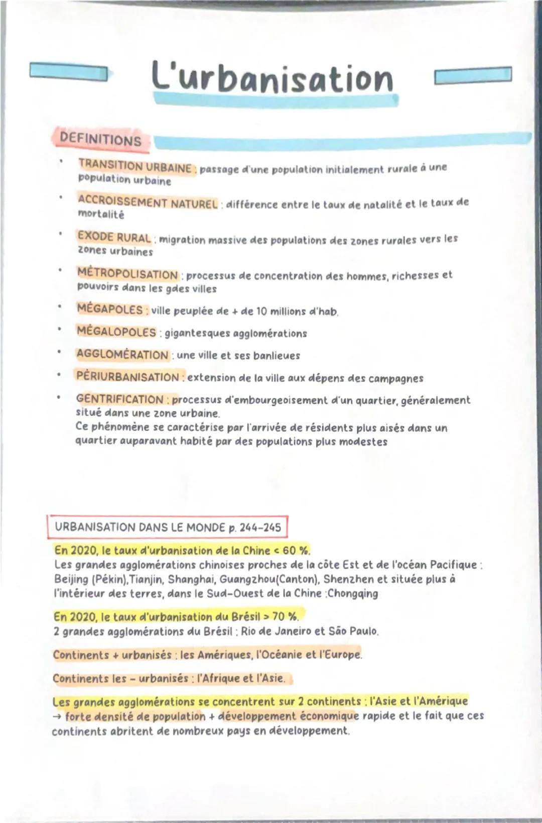 L'urbanisation
DEFINITIONS
TRANSITION URBAINE passage d'une population initialement rurale à une
population urbaine
ACCROISSEMENT NATUREL: d