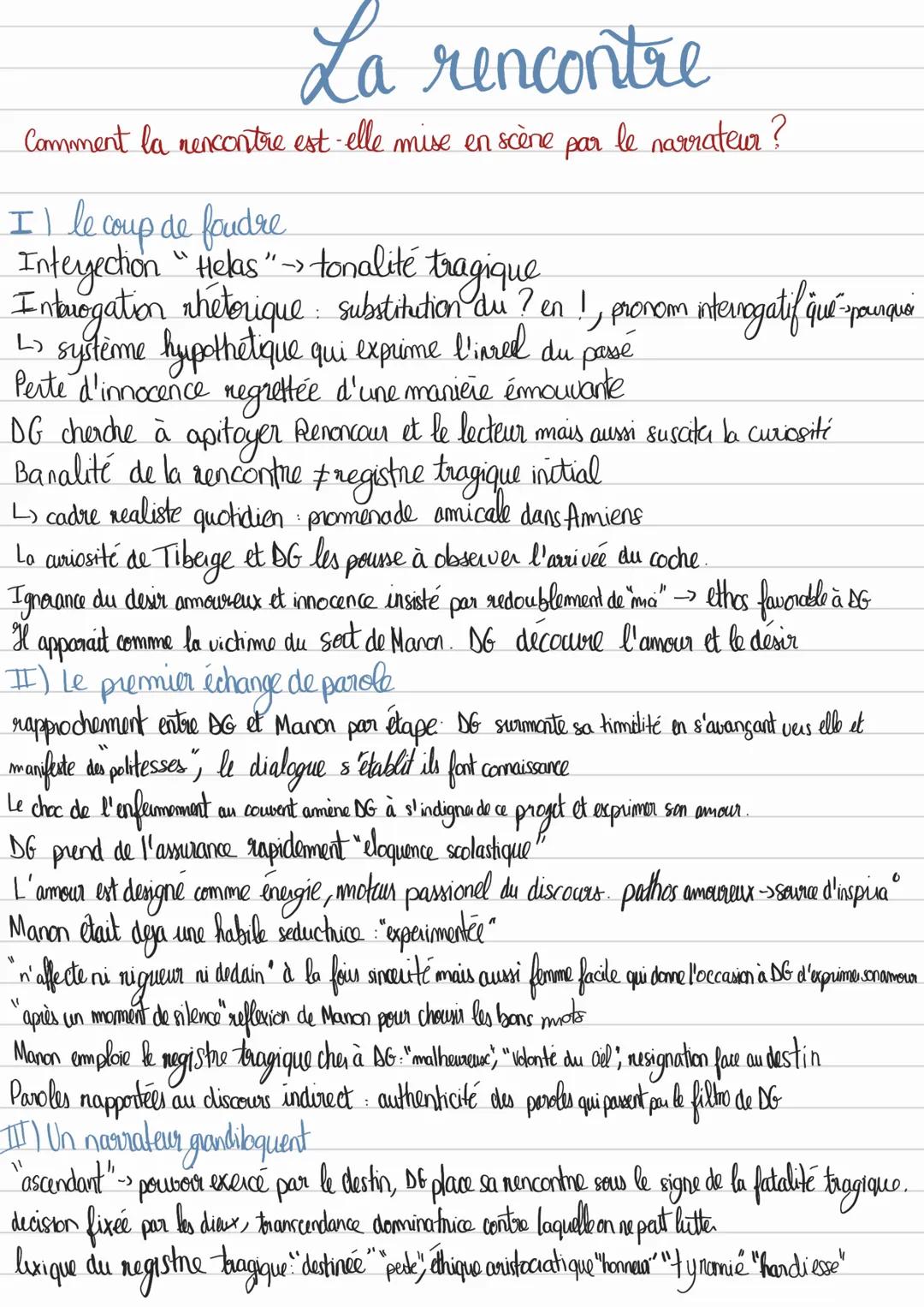 # La rencontre
Comment la rencontre est-elle mise en scène par le narrateur?
Il le coup de foudre
Inteyection "Helas" tonalité tragique