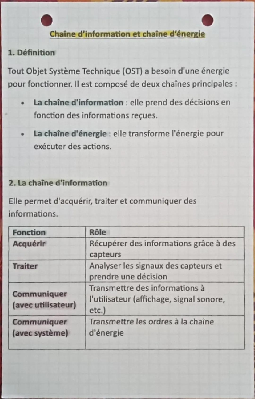 # Chaîne d'information et chaîne d'énergie
1. Définition
Tout Objet Système Technique (OST) a besoin d'une énergie
pour fonctionner. Il est