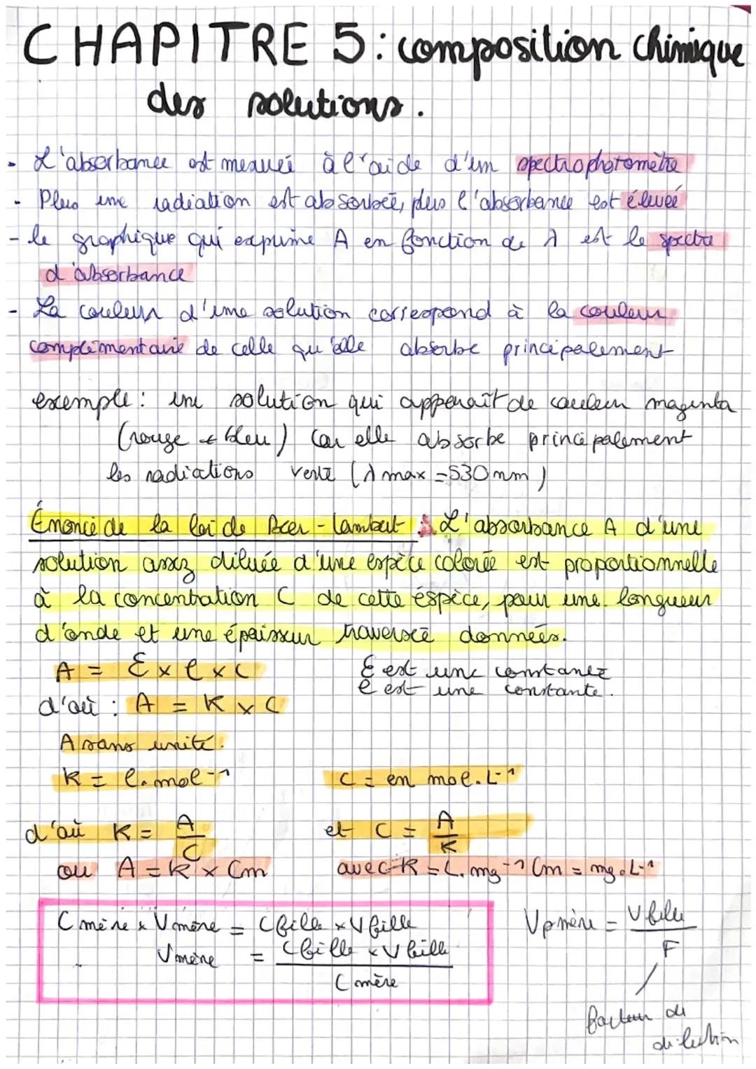 # CHAPITRE 5: composition chimique
des solutions.
- L'absorbance ost mequeé à l'aide d'em spectrophotomètre
- Plees eme radiation est absor