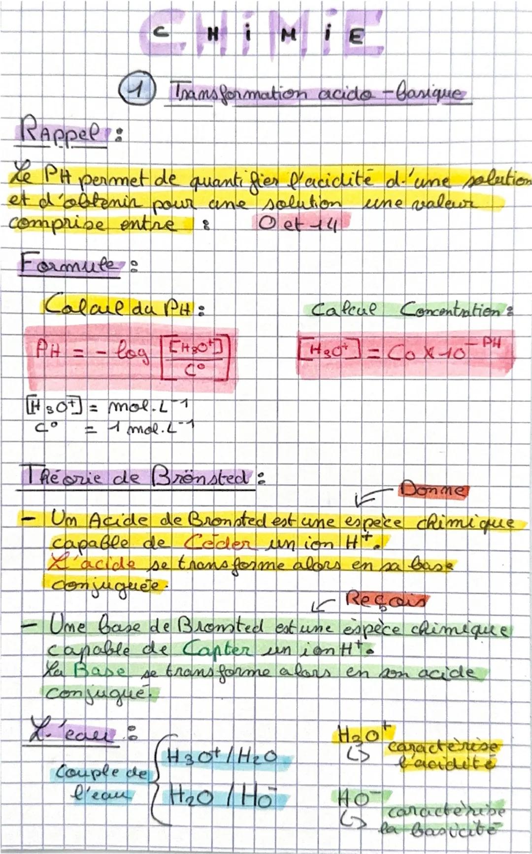 # CHIMIE
1 Transformation acido-basique
Rappel:
Le PH permet de quantifier l'acilité d'une solution
et d'obtenir pour une solution une va