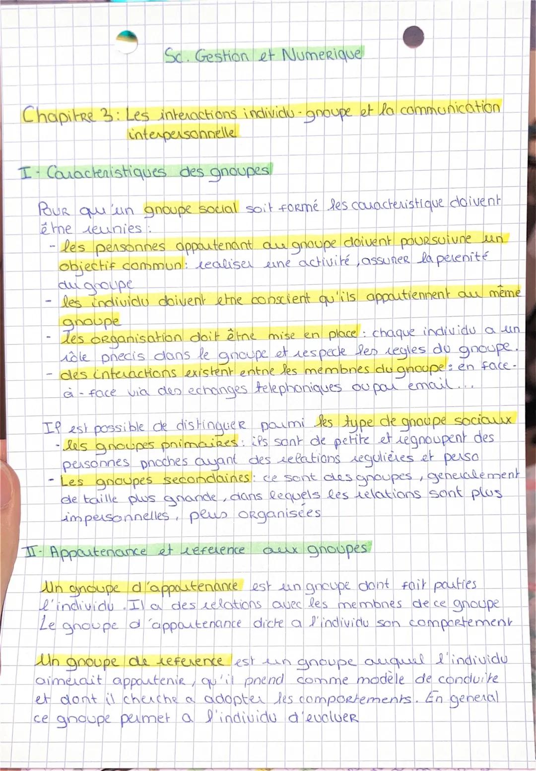 Sc. Gestion et Numerique
Chapitre 3: Les interactions individu-groupe et la communication
interpersonnelle
I Caracteristiques des groupes
PO