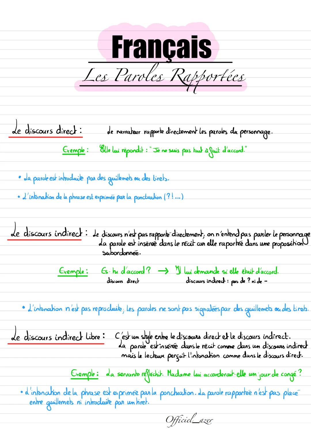 # Français
## Les Paroles Rapportées
Le discours direct: de narrateur rapporte directement les paroles du personnage.
Exemple: Elle lui r