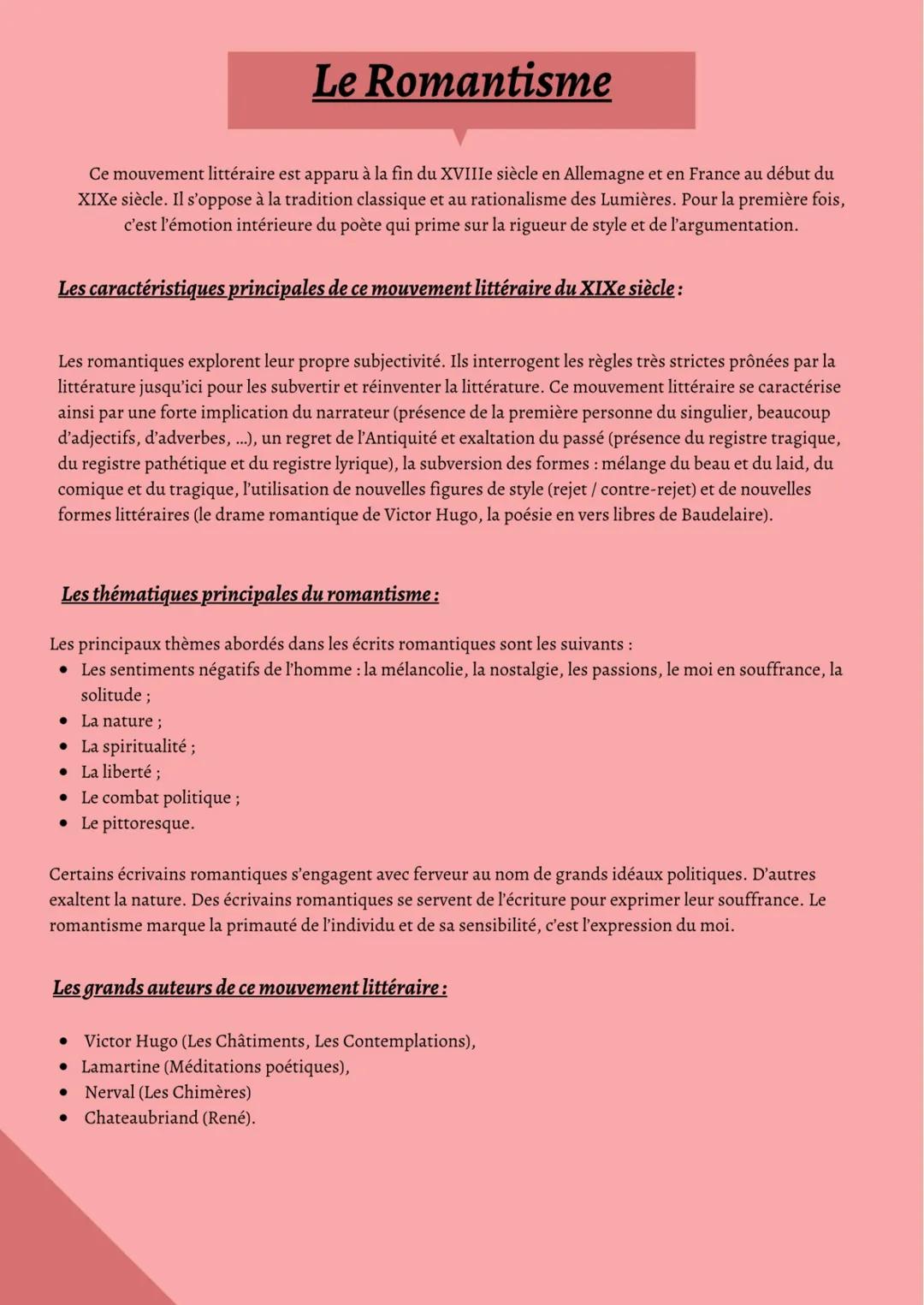 Le Romantisme
Ce mouvement littéraire est apparu à la fin du XVIIIe siècle en Allemagne et en France au début du
XIXe siècle. Il s'oppose à