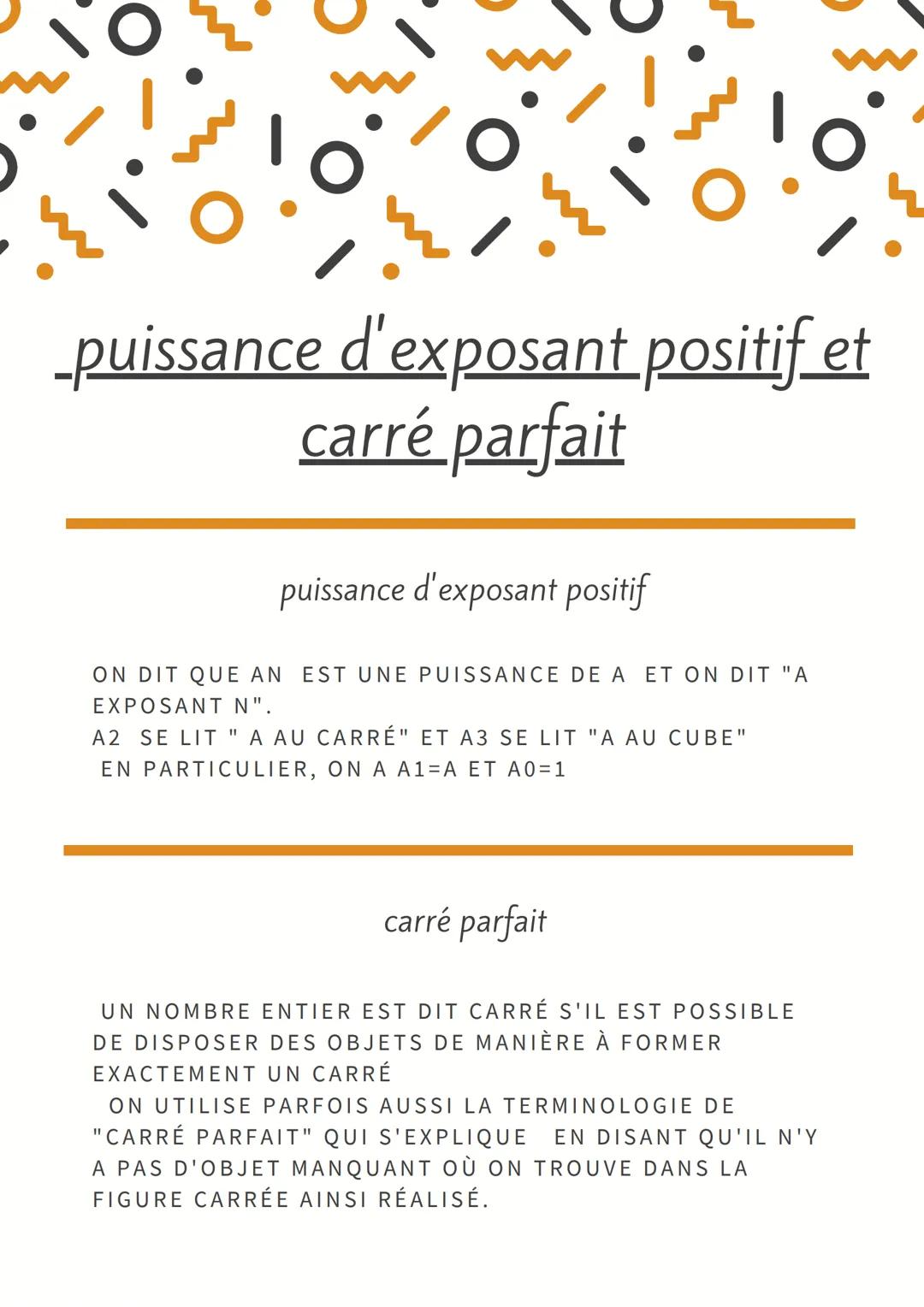 _puissance d'exposant positif et
carré parfait
puissance d'exposant positif
ON DIT QUE AN EST UNE PUISSANCE DE A ET ON DIT "A
EXPOSANT N".
A