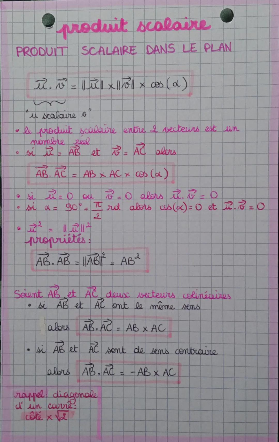 # produit scolaire
PRODUIT SCALAIRE DANS LE PLAN
$
\vec{u}. \vec{v} = ||\vec{u}|| x ||\vec{v}|| x cos(\alpha)
$
"u scalaire o"
* le pr