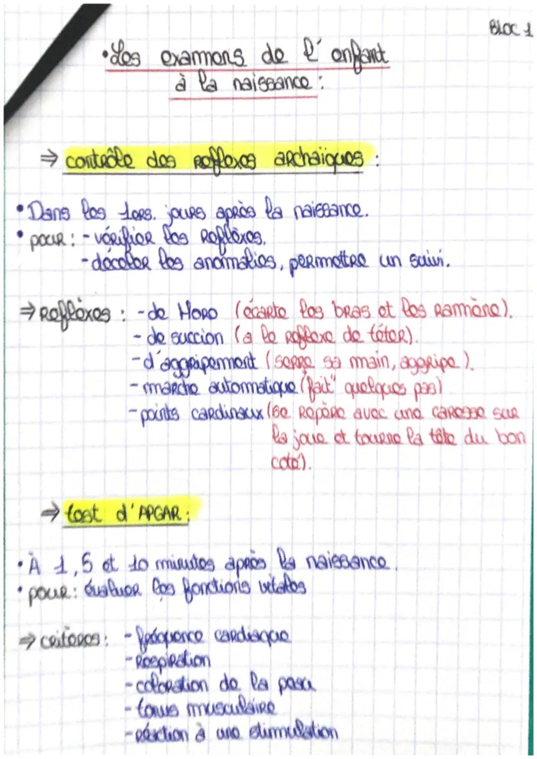 Bloc 1
•Les examens de l' enfant
à la naiseance:
⇒ conteôle des reflexes archaiques :
• Dans les Lors. jours après la naissance.
• POUR: