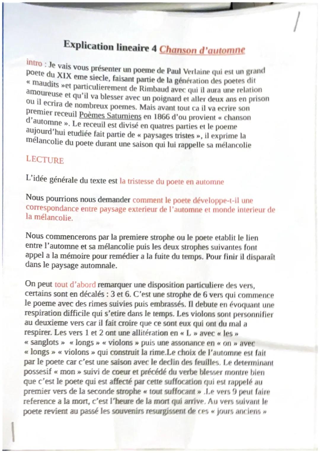 # Explication lineaire 4 Chanson d'automne
intro: Je vais vous présenter un poeme de Paul Verlaine qui est un grand
poete du XIX eme siecle