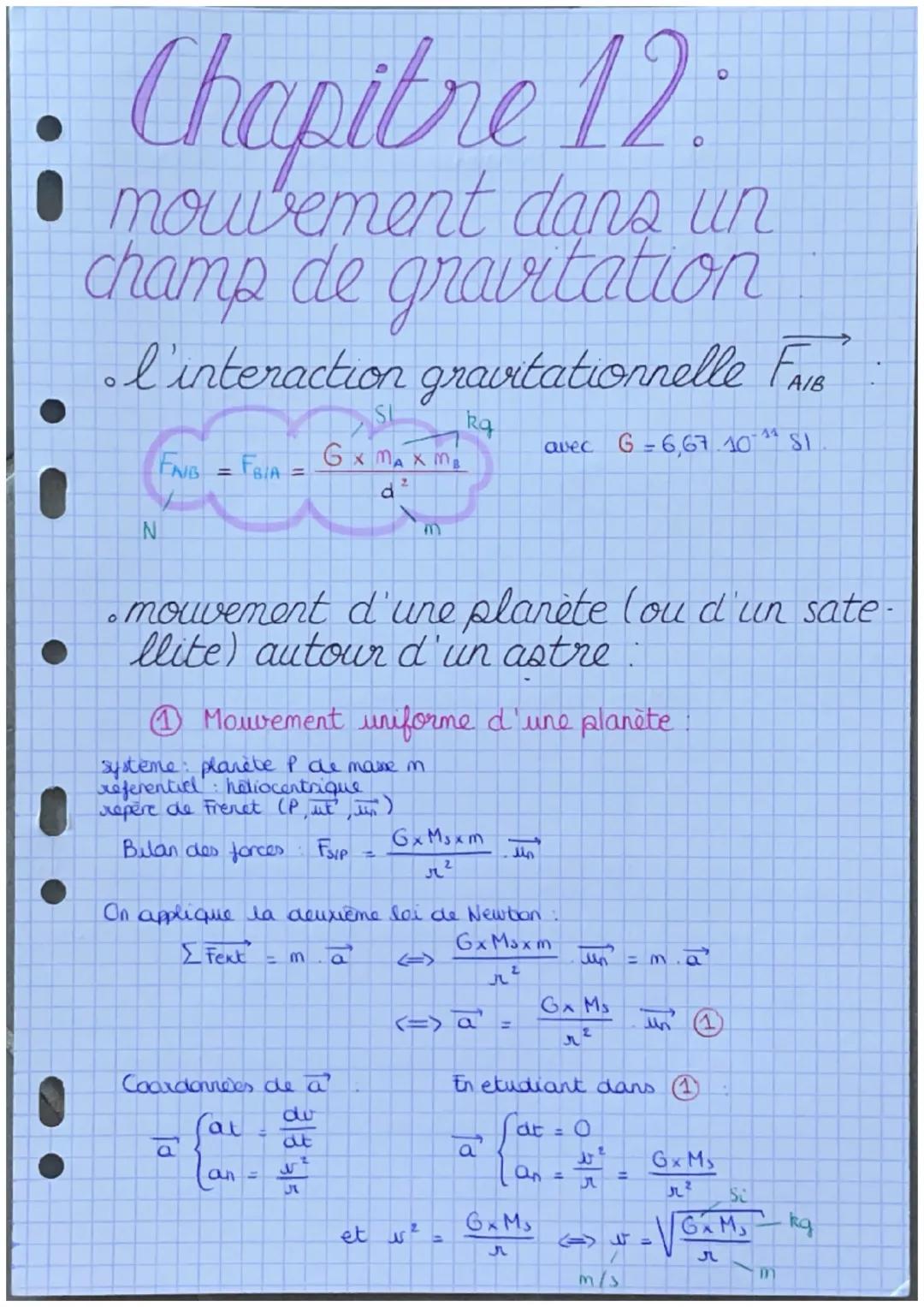 •
Chapitre 12:
• mouvement dans un
champ de grairtation
•l'interaction gravitationnelle $F_{A/B}$
$F_{N/B} = F_{B/A} = \frac{G \times M_A \t