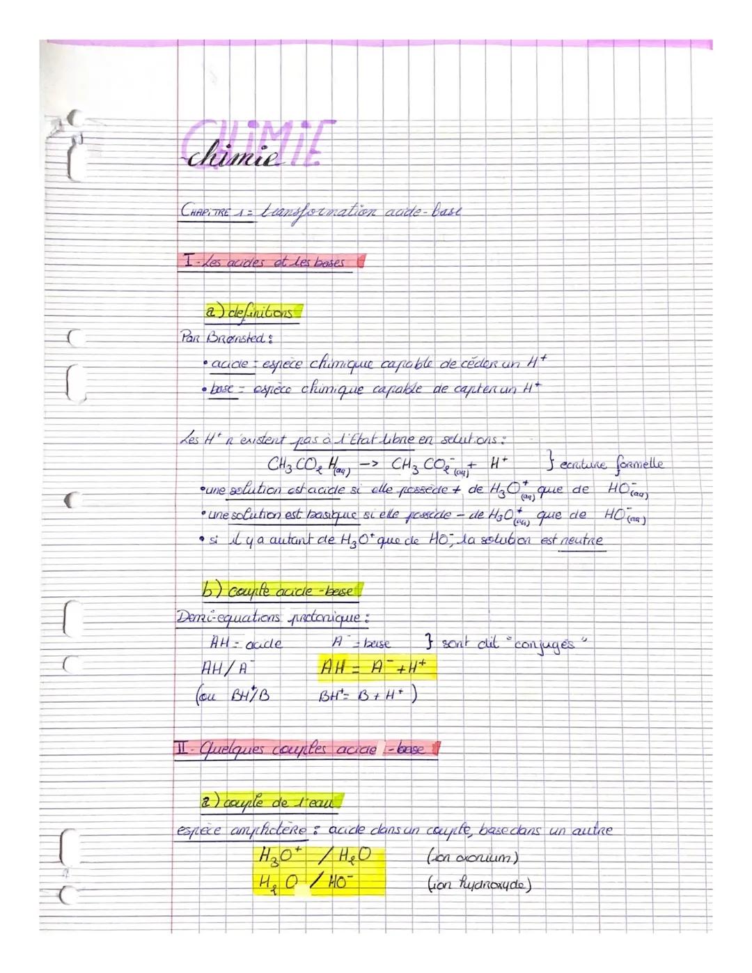 # CIMIE
# chimie
CHAPITRE 1: transformation aade-base
I-Les acides et les bases
a) definitions
Par Brønsted:
* acide espece chimique cap