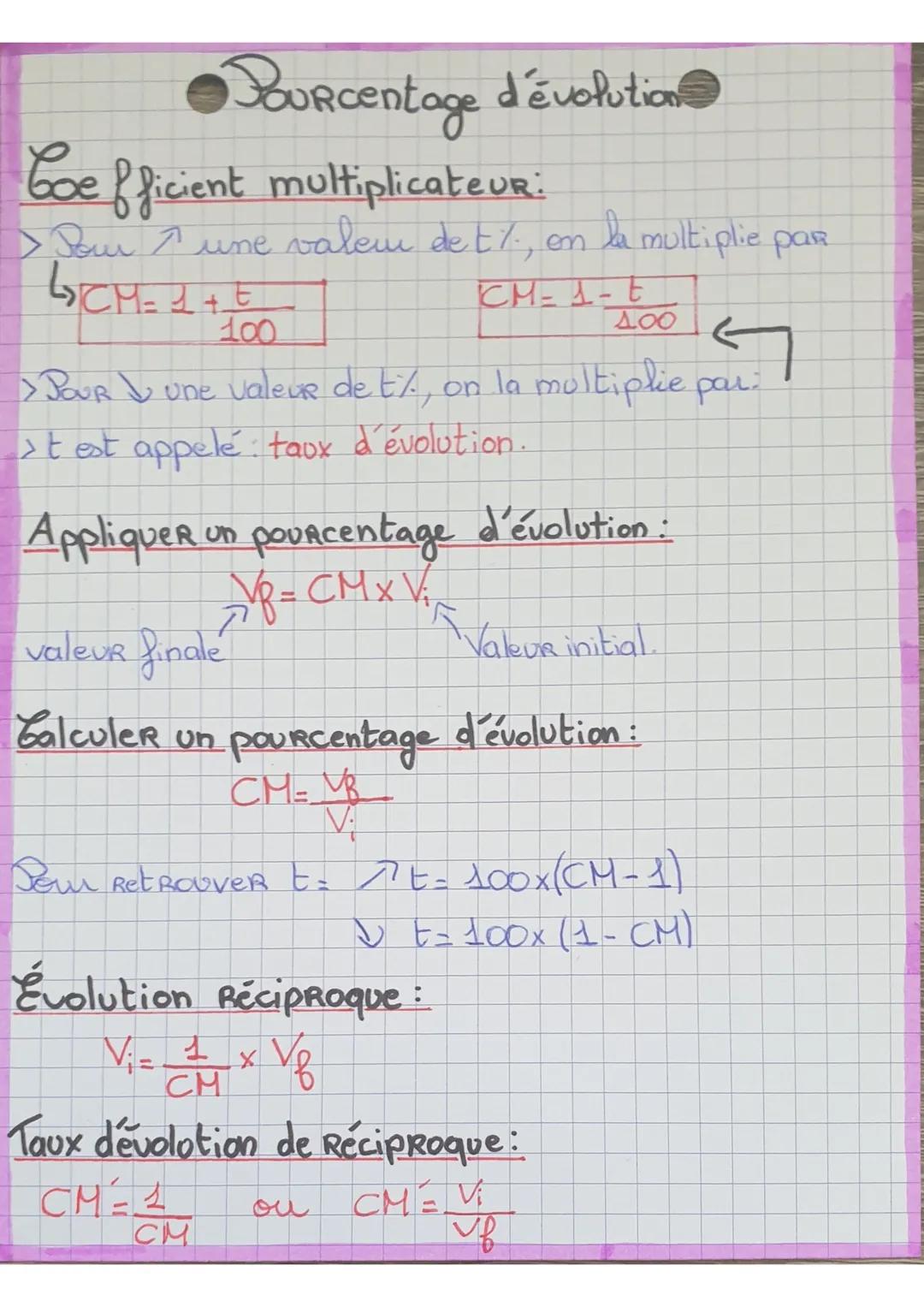 # Pourcentage d'évolution
Coefficient multiplicateur:
> Pour une valeu de t%, en la multiplie par
CM=1+t
100
CM=1-t
400
> DOUR & une valeur
