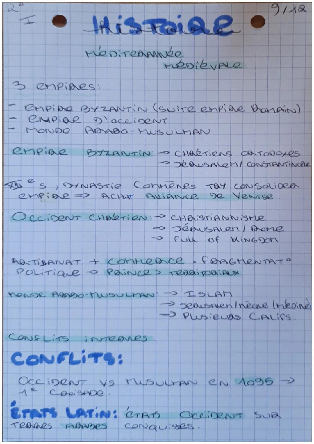 Histoire
MÉDITERANNée
Médiévale
9/12
3 empires:
- EMPIRE BYZANTIN (suite empire DOMAIN)
- Empiae D'OCCIDENT
- MONDE ARADO-MUSULMAN
empire