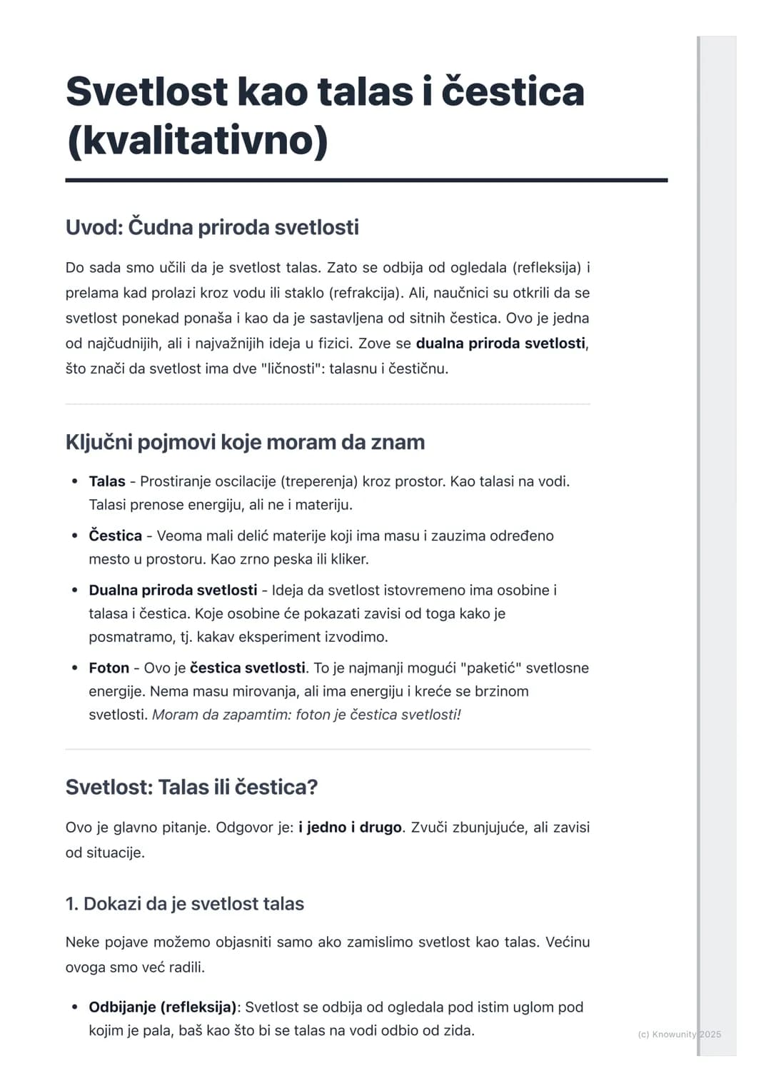 # Svetlost kao talas i čestica
(kvalitativno)
Uvod: Čudna priroda svetlosti
Do sada smo učili da je svetlost talas. Zato se odbija od ogle