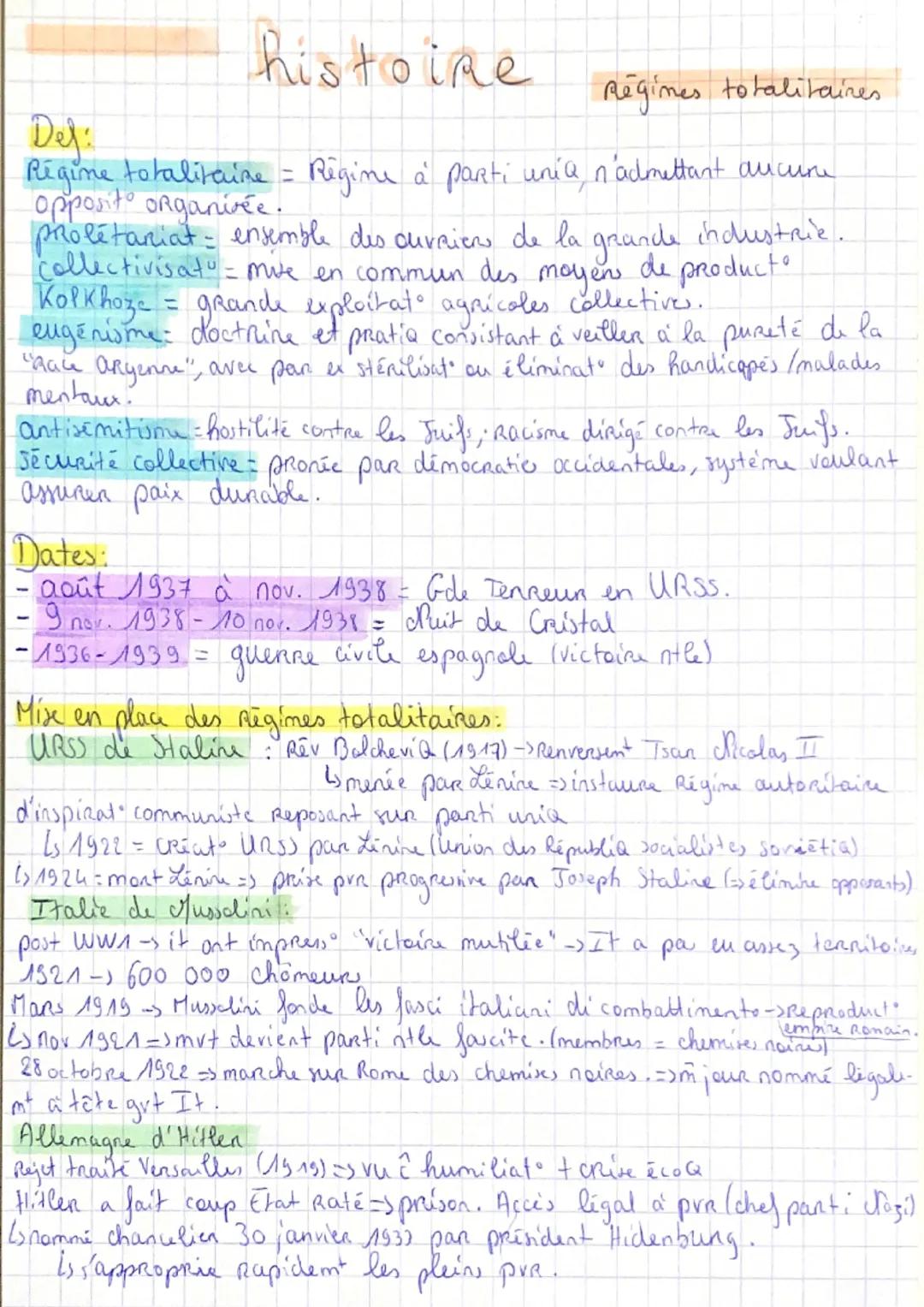 histoire
Regines totalitaires
Defi
Régime totalitaine = Régime à parti unia, n'admettant aucure
opposit organisée.
proletariat: ensemble des