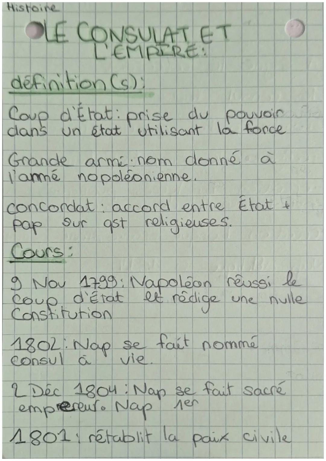 Histoire
OLE CONSULATET
L'EMPIRE:
definition (s)
10
Coup d'Etat: prise du pouvoir
dans un état utilisant la force
Grande armé. nom donné à
I