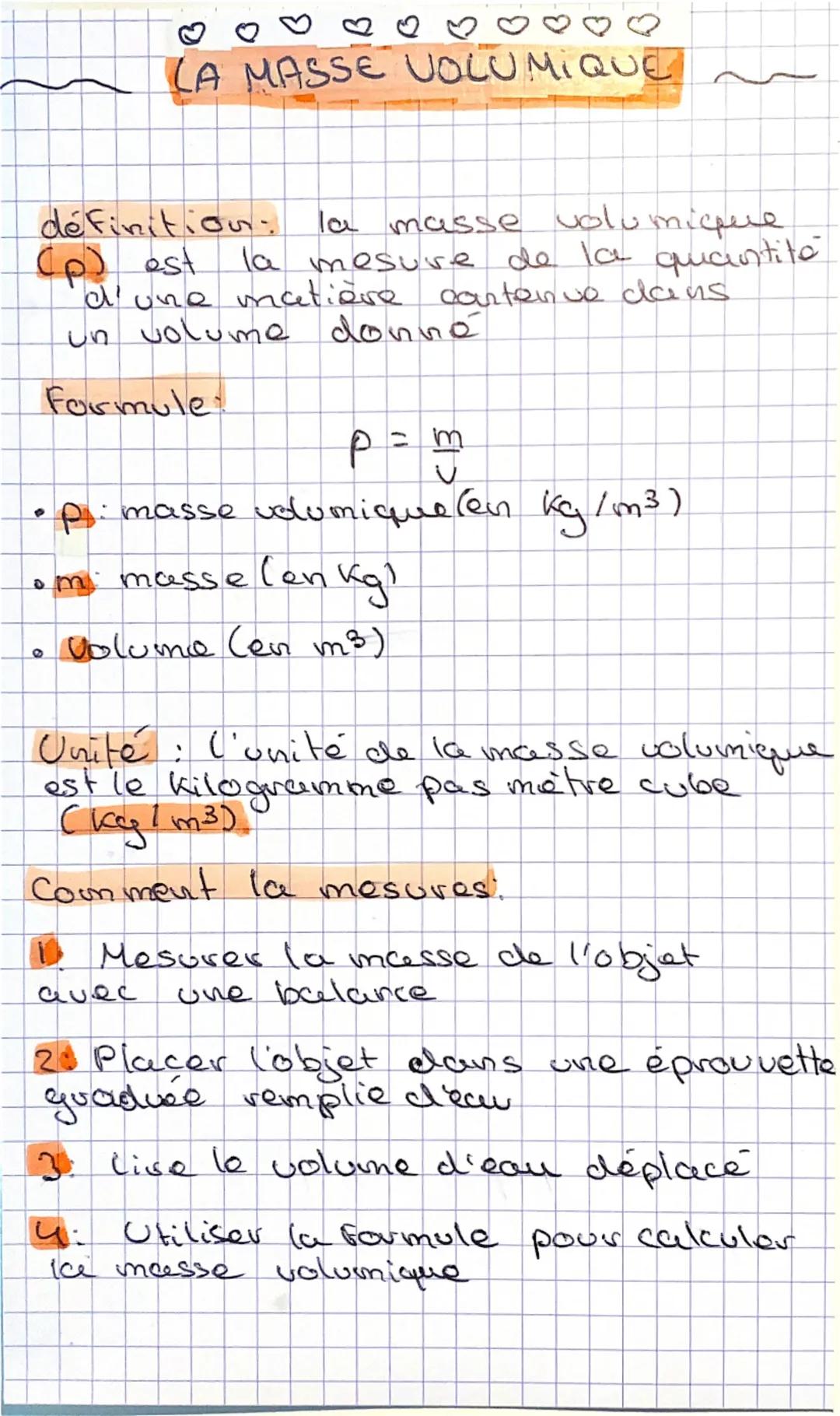 LA MASSE VOLUMIQUE
จ
définition: la masse volumique
(p) est
la mesure de la quantité
d'une matière contenue dans
volume donné
un
Formule
p =