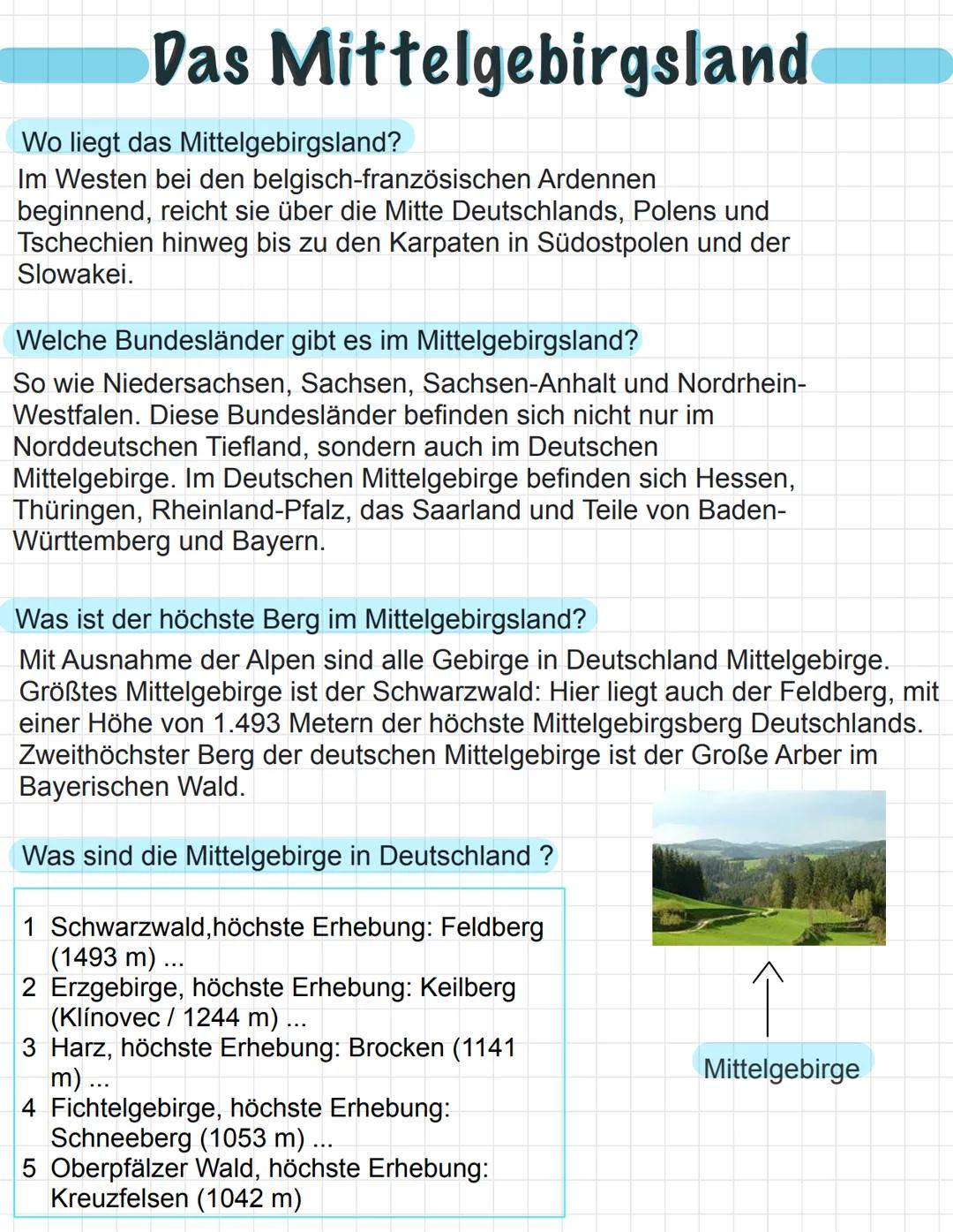 # Das Mittelgebirgsland
Wo liegt das Mittelgebirgsland?
Im Westen bei den belgisch-französischen Ardennen
beginnend, reicht sie über die M