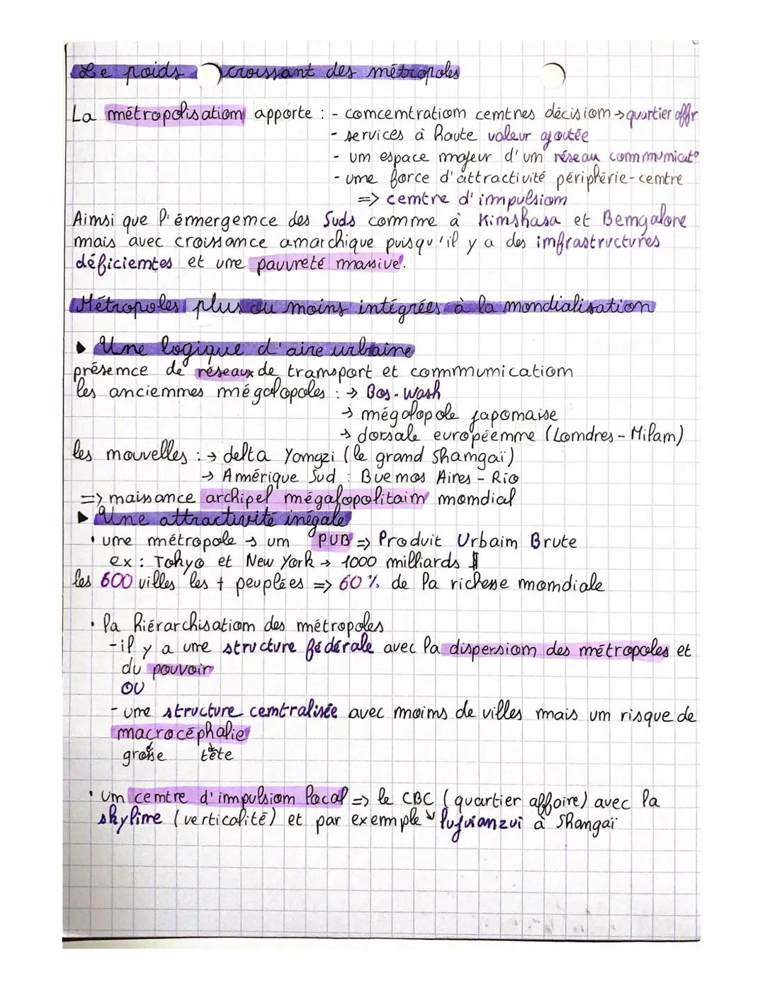 Géo
THEME 1
Chapitre 1: Les villes à l'échelle mondial:
le poids croissant des métropoles
Lexique
Métropolisatiom: développememt des mét
