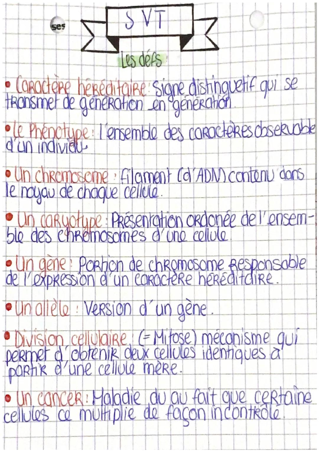 SVT
tot
Les defs
• Caractère hereditaiRe: Signe distinguetif qui se
transmet de generation en generation
ses
•le Phenotype: I'ensemble des c