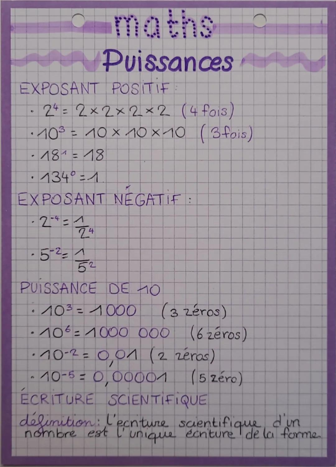 maths
Puissances
EXPOSANT POSITIF
・24=2×2×2×2 (4 fois)
• 103 = 10 × 10 ×10 (3fois)
-181=18
・134°=1
EXPOSANT NEGATIF:
24=1
24
-5-2-1
52
PUISS