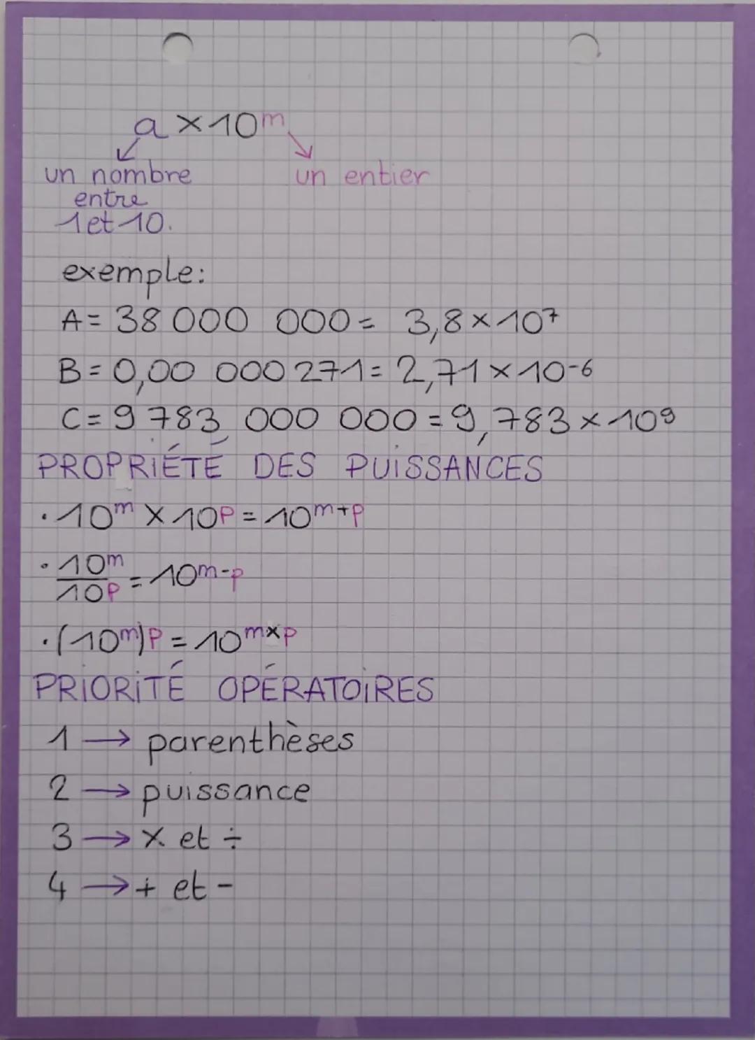 maths
Puissances
EXPOSANT POSITIF
・24=2×2×2×2 (4 fois)
• 103 = 10 × 10 ×10 (3fois)
-181=18
・134°=1
EXPOSANT NEGATIF:
24=1
24
-5-2-1
52
PUISS