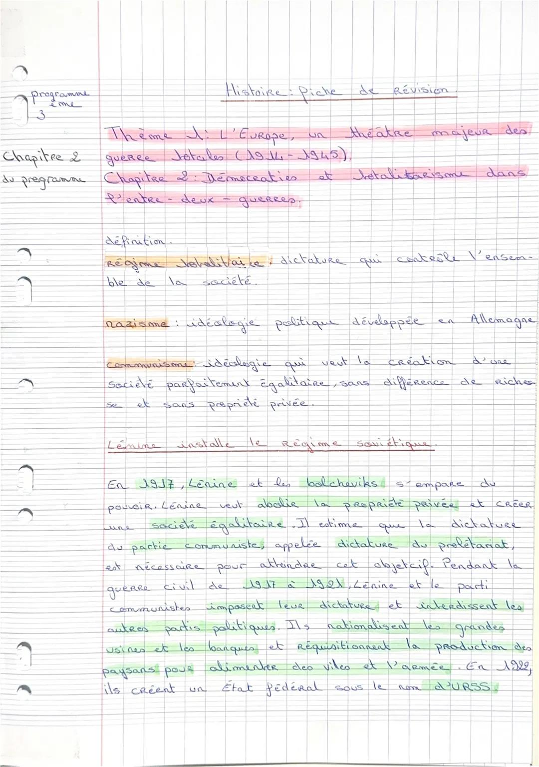 Programme
3
Histoire: Piche de révision
Theme : L'Europe, un theatre majeur des
gueree Jotales (1914-1945)
Chapitre 2
du pregramme Chapitr