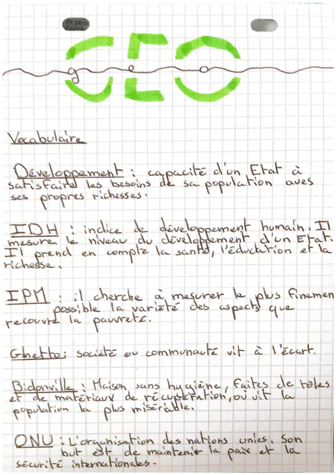 pers
Vocabulaire
Développement: capacité d'ur
Satisfaire les besoins de sa population aves
ses propres richesses.
IDH: indice de développ