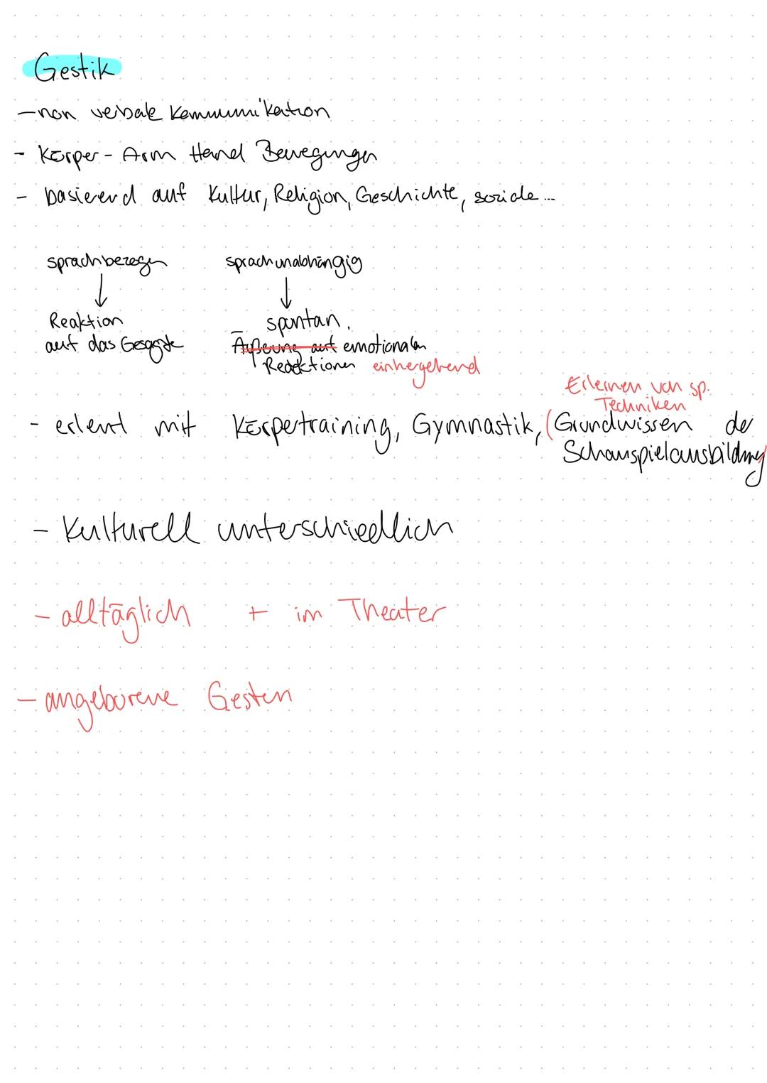 # Lernzettel
Darstellendes Spiel
Klausur
# Gestik $\longrightarrow$ Nonverbale Kommunikation
Bewegung/Gebärde
Körper- als auch die Arm- u