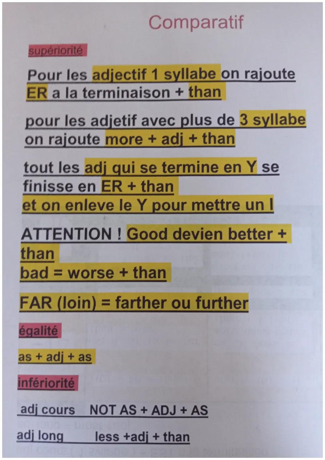 Comparatif
supériorité
Pour les adjectif 1 syllabe on rajoute
ER a la terminaison + than
pour les adjetif avec plus de 3 syllabe
on rajoute