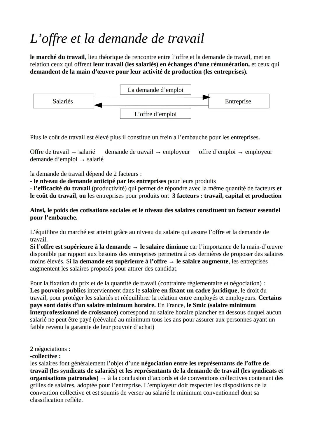 L'offre et la demande de travail
le marché du travail, lieu théorique de rencontre entre l'offre et la demande de travail, met en
relation c