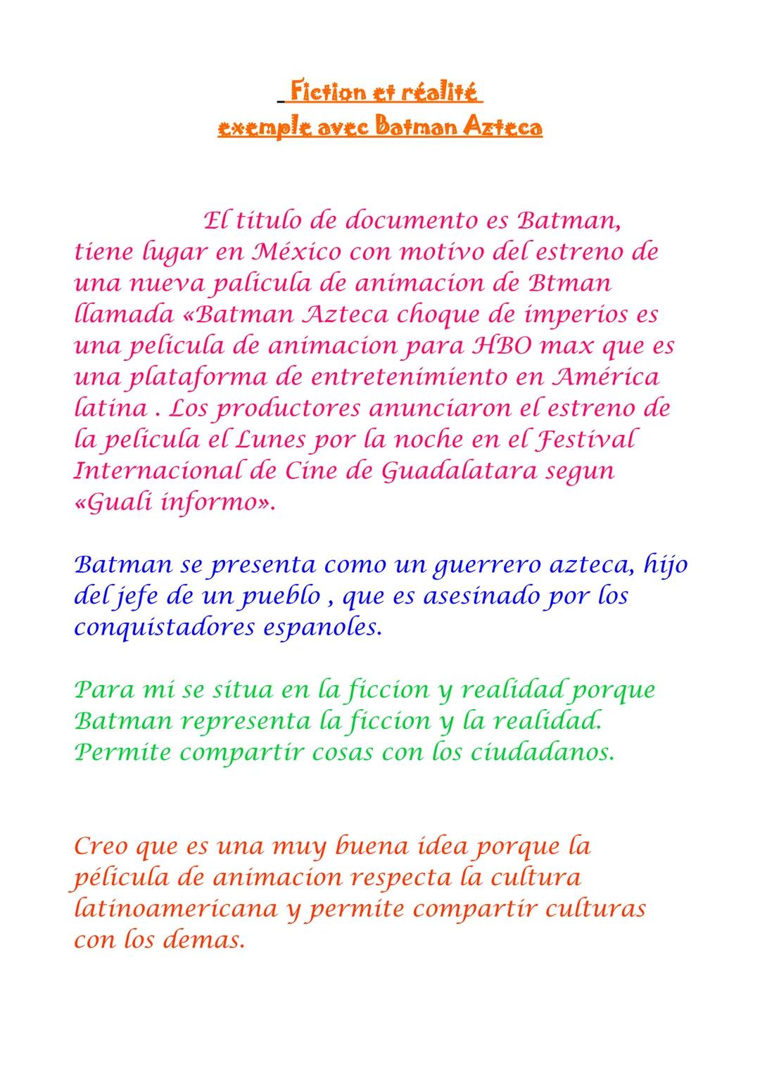 Fiction et réalité
exemple avec Batman Azteca
El título de documento es Batman,
tiene lugar en México con motivo del estreno de
una nueva pa