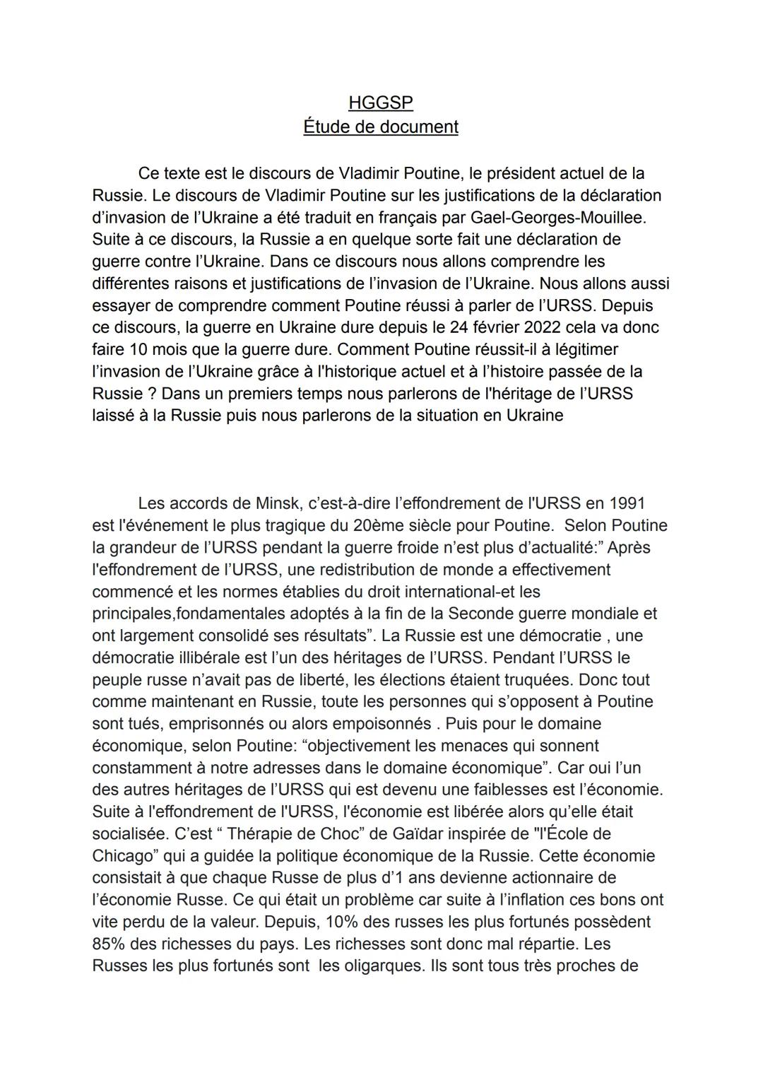 # Étude critique de document
Vous montrerez à l'aide de ce discours comment Vladimir Poutine légitime l'invasion de
l'Ukraine et cherche à