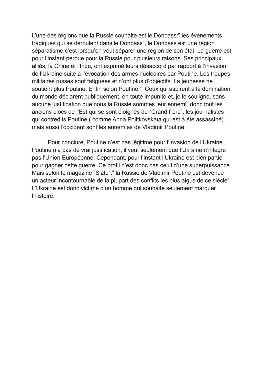 # Étude critique de document
Vous montrerez à l'aide de ce discours comment Vladimir Poutine légitime l'invasion de
l'Ukraine et cherche à