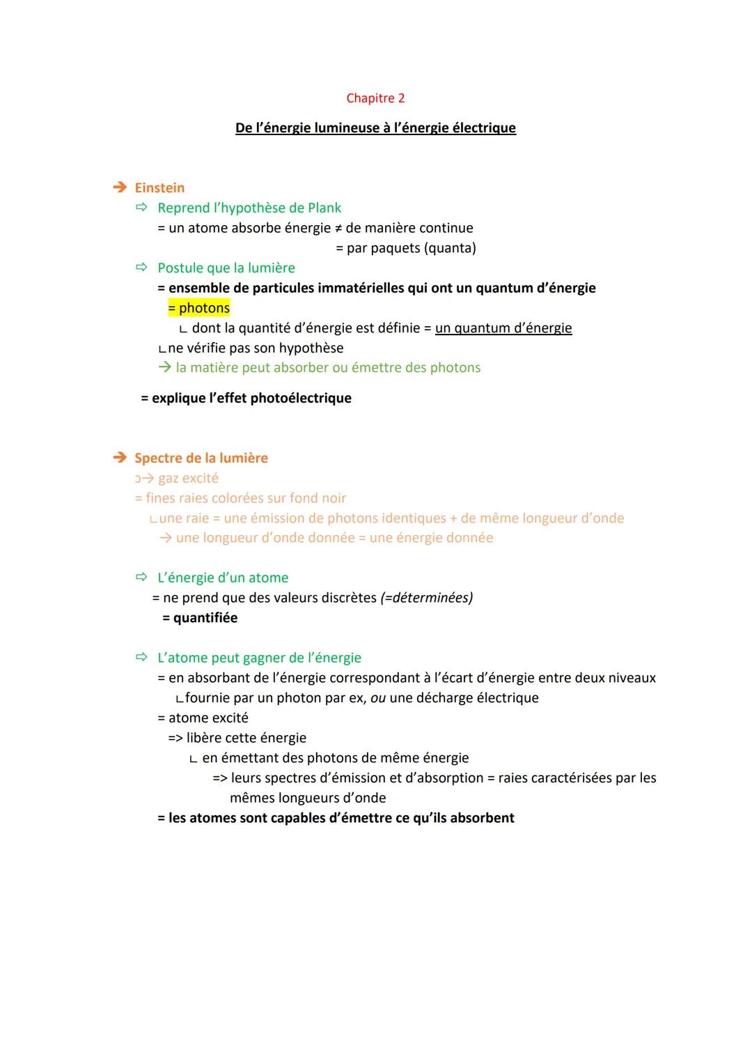 → Einstein
Chapitre 2
De l'énergie lumineuse à l'énergie électrique
Reprend l'hypothèse de Plank
= un atome absorbe énergie de manière conti