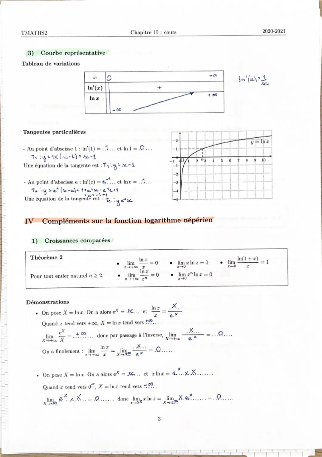 TMATHS2
Chapitre 10 : cours
2020-2021
Fonction logarithme népérien
I La fonction logarithme népérien
La fonction exponentielle est continue,