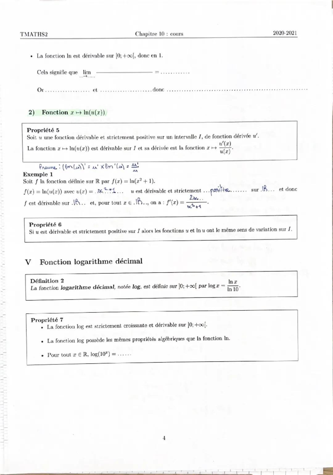 TMATHS2
Chapitre 10 : cours
2020-2021
Fonction logarithme népérien
I La fonction logarithme népérien
La fonction exponentielle est continue,