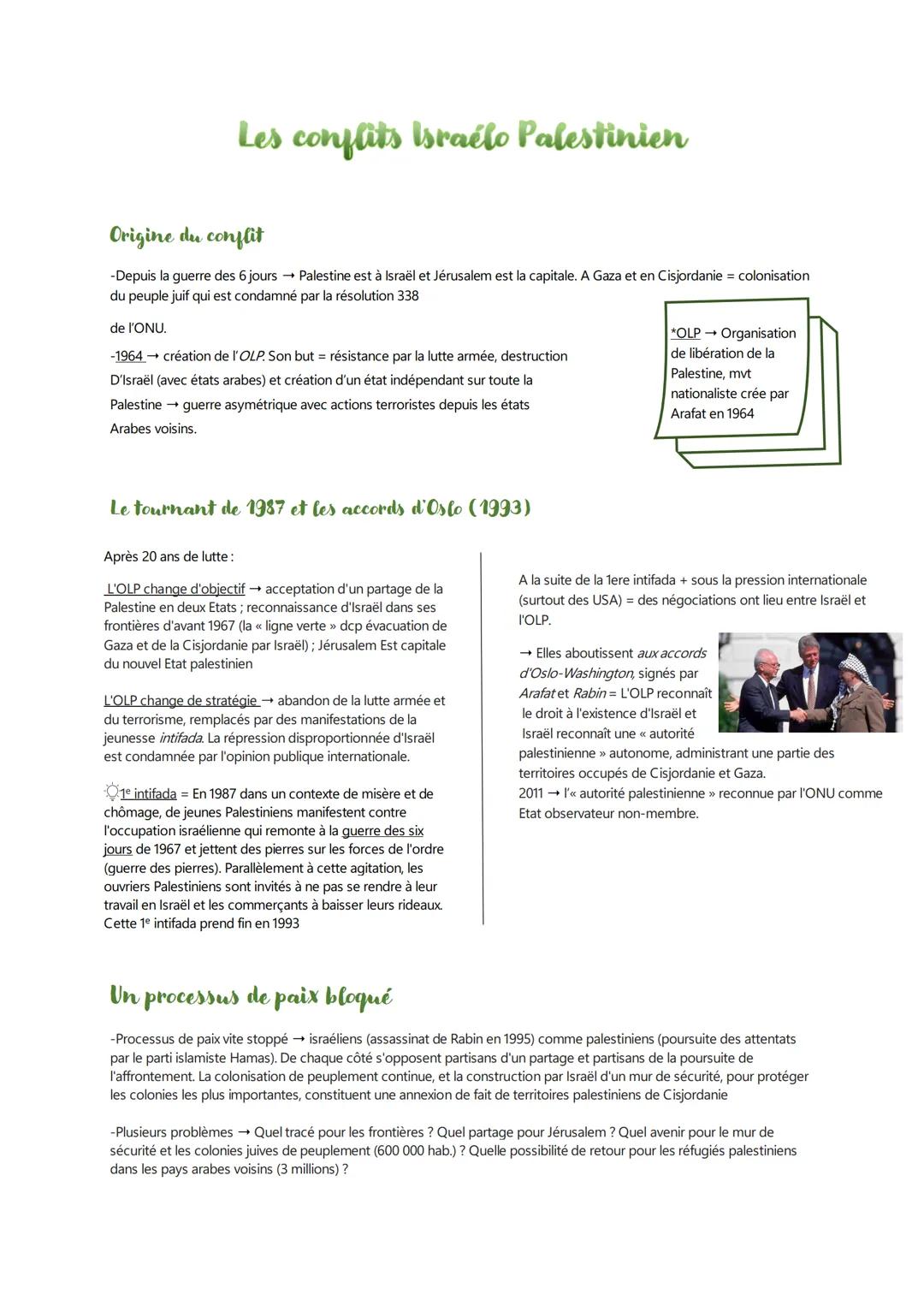 Les conflits Israélo Palestinien
Origine du conflit
-Depuis la guerre des 6 jours → Palestine est à Israël et Jérusalem est la capitale. A G