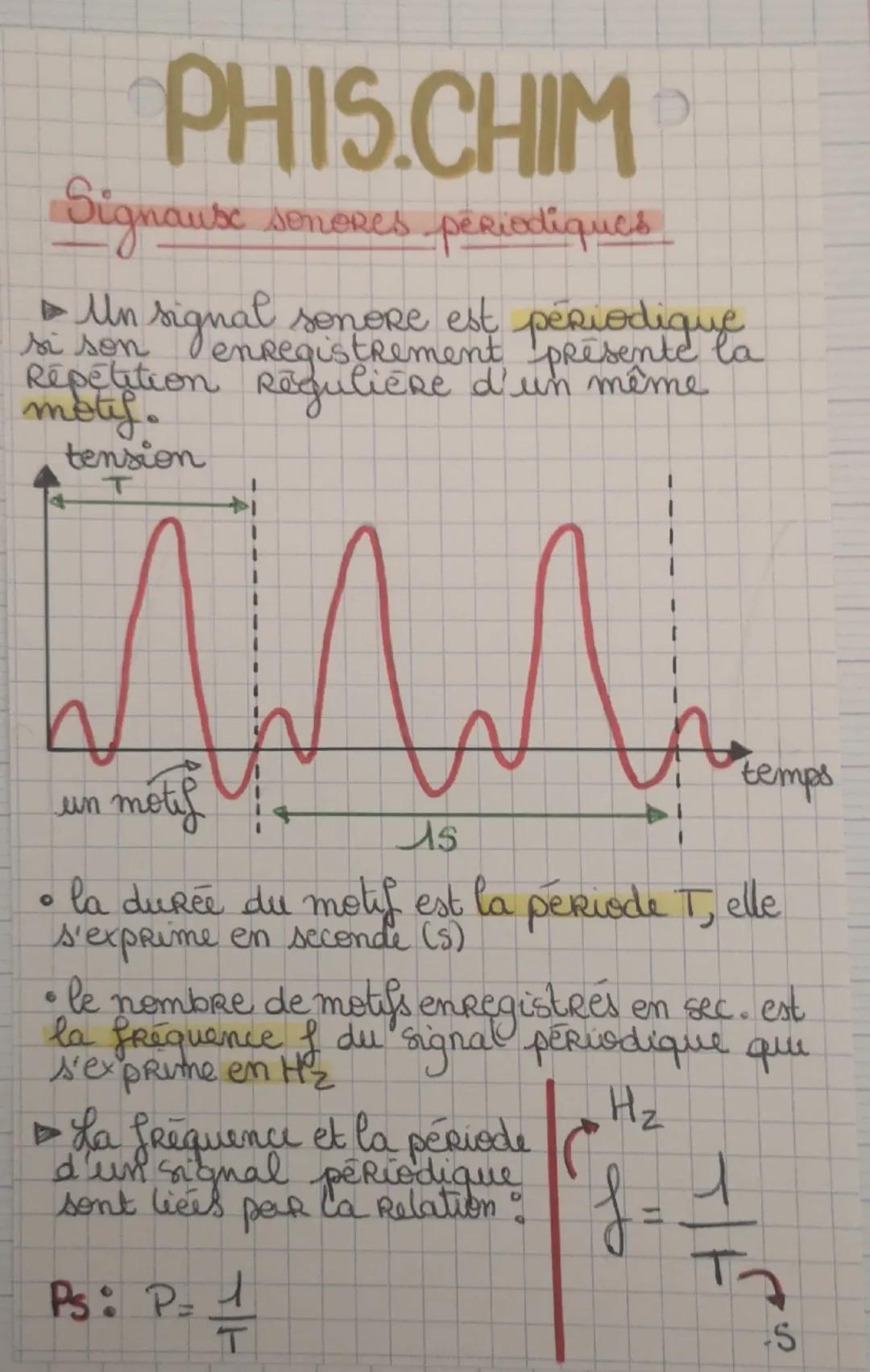 PHIS.CHIM
Signause sonores périodiques
Un signal sonore est périodique
enregistrement présente la
Repetition Régulière d'un même
motif.
tens