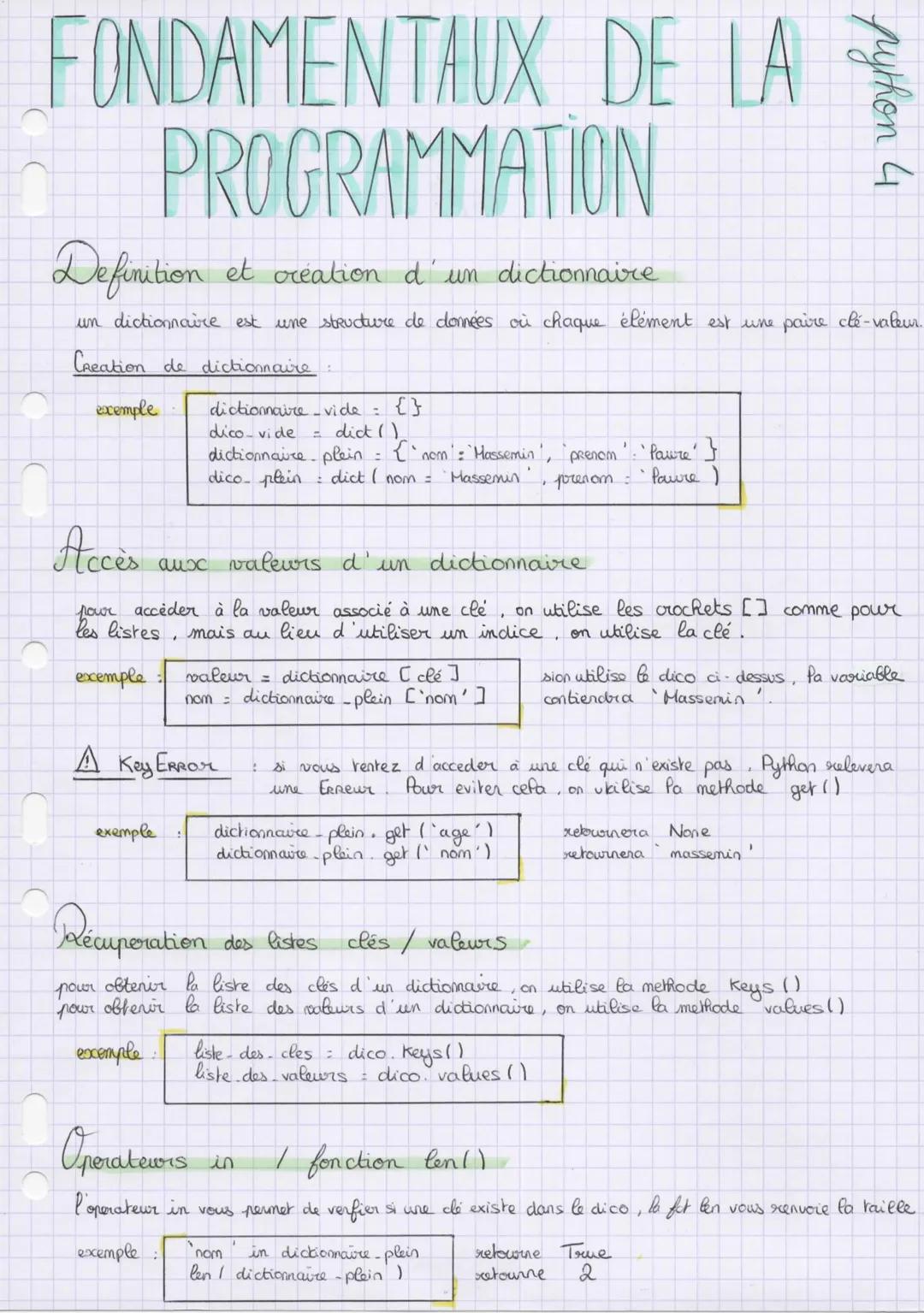 # FONDAMENTAUX DE LA
# PROGRAMMATION
Definition et création d'un dictionnaire
un dictionnaire est une structure de données où chaque éléme