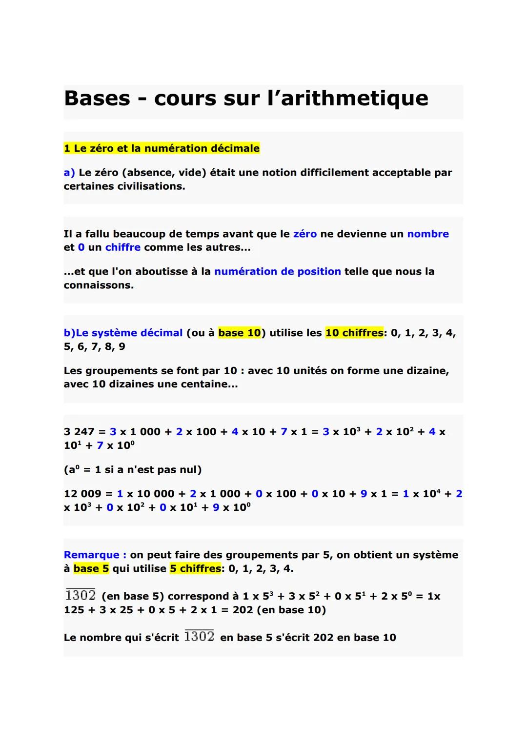 # Bases - cours sur l'arithmetique
1 Le zéro et la numération décimale
a) Le zéro (absence, vide) était une notion difficilement acceptabl