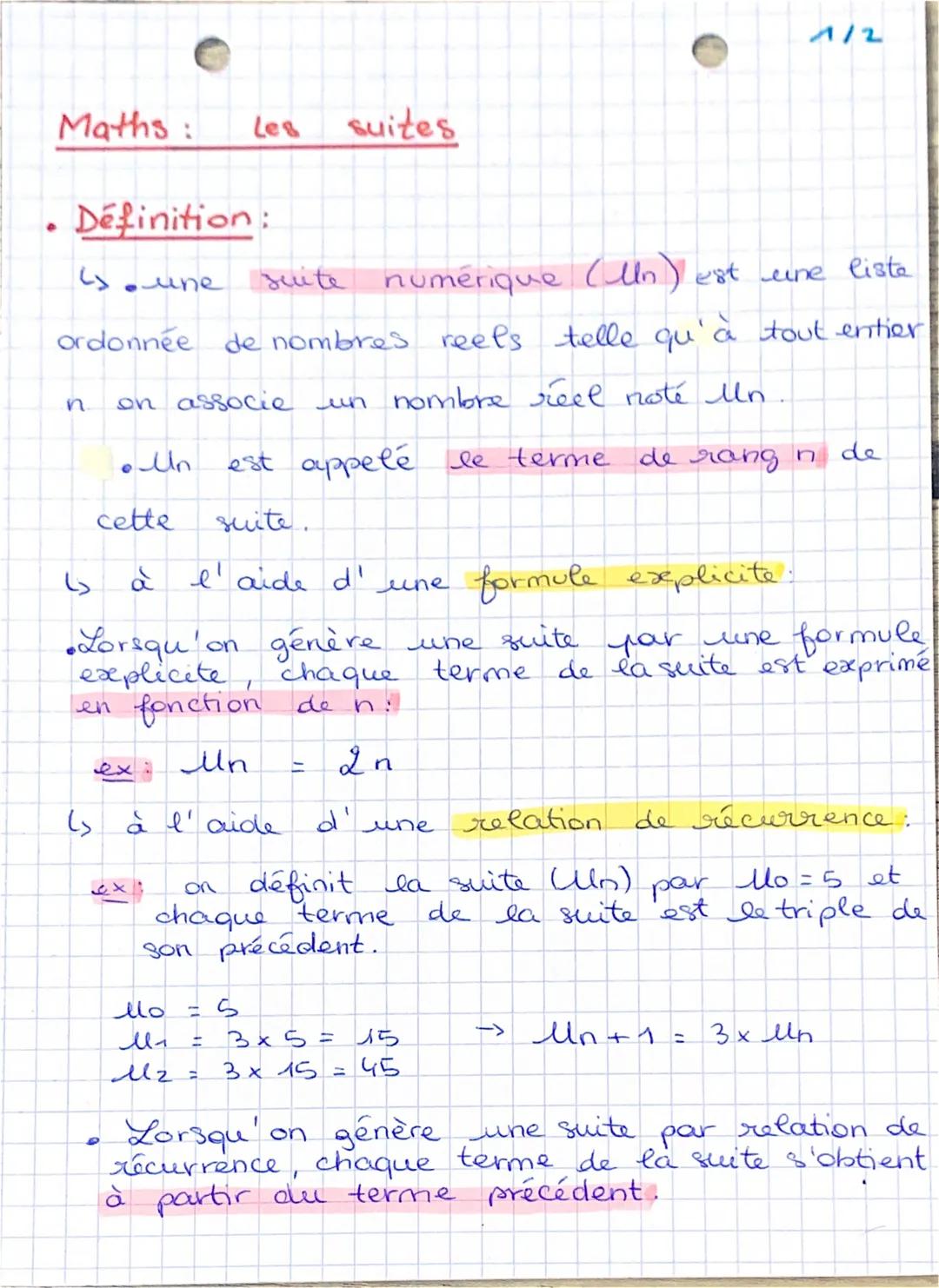 Maths: Les suites
1/2
- Définition:
↳ une suite numérique $(U_n)$ est une liste
ordonnée de nombres reels telle qu'à tout entier
n on ass
