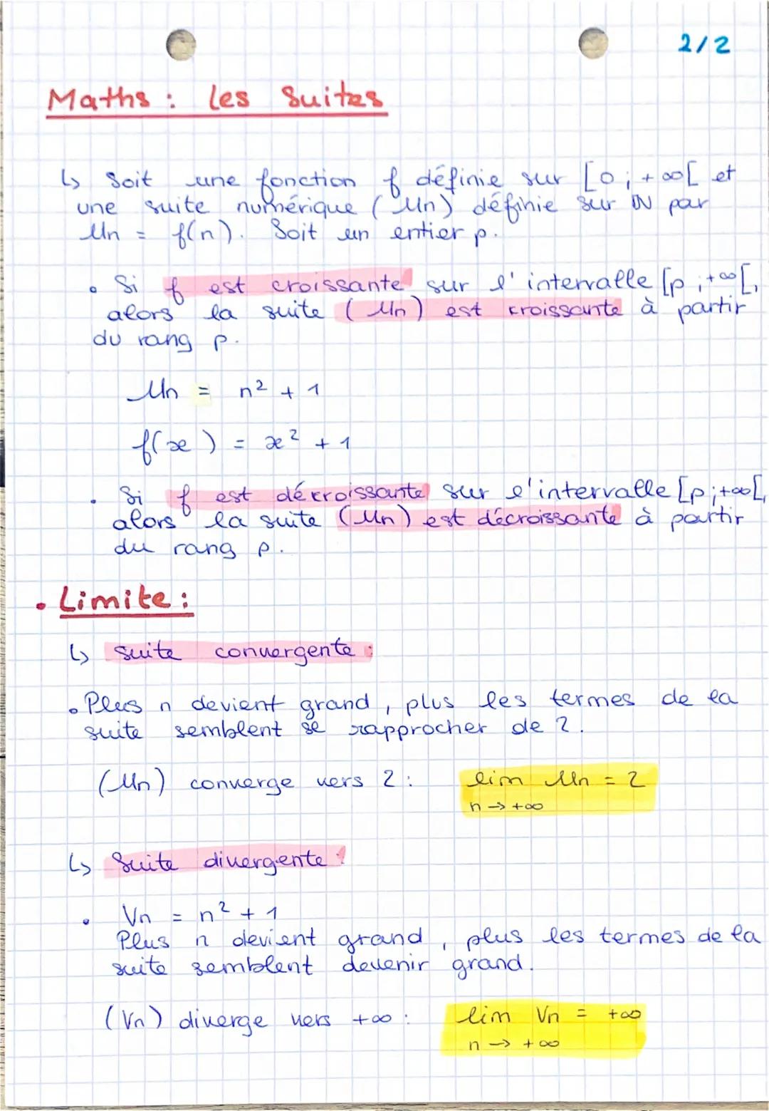 Maths: Les suites
1/2
- Définition:
↳ une suite numérique $(U_n)$ est une liste
ordonnée de nombres reels telle qu'à tout entier
n on ass