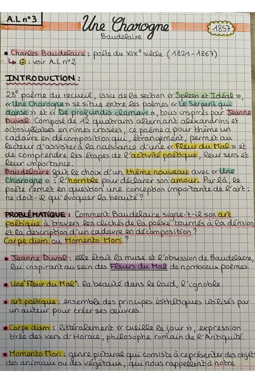 A.L n°3
# Une Charogne
Baudelaire
1857
* Charles Baudelaire: poète du XIXe siècle (1821-1867)
L: voir A.L n°2
## INTRODUCTION:
28° p