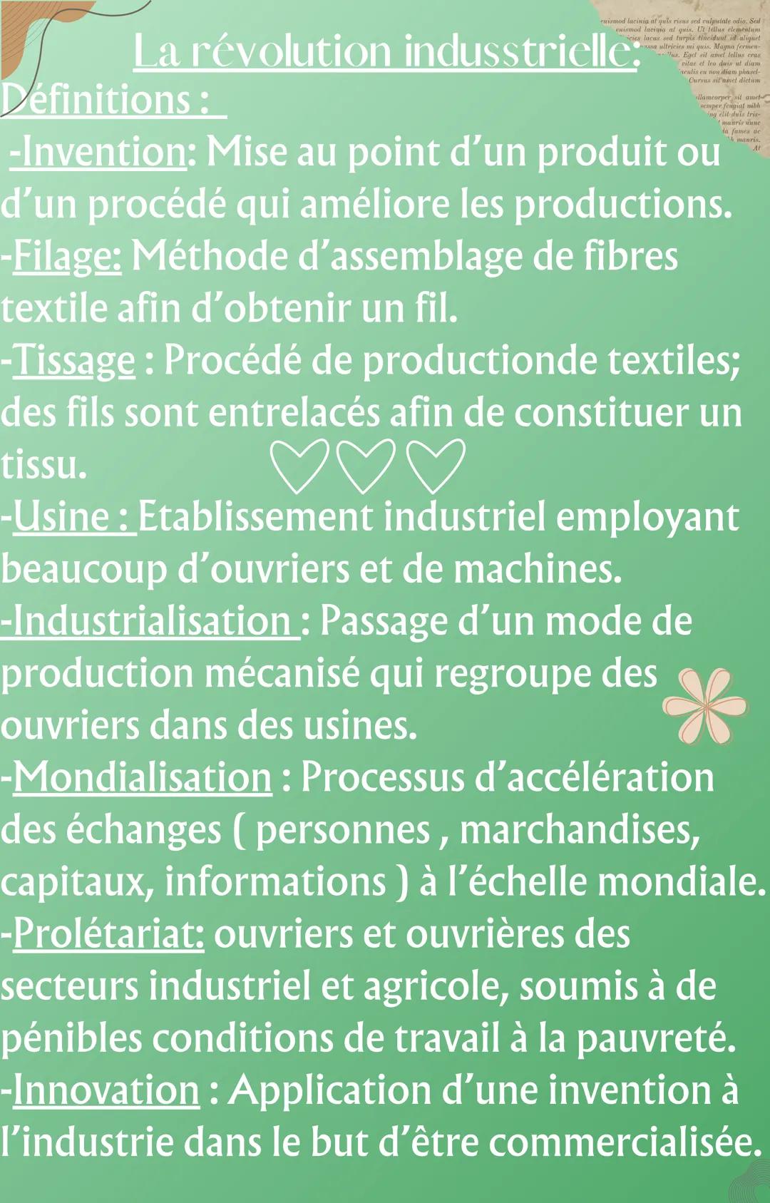 La révolution indusstrielle:
Définitions:
-Invention: Mise au point d'un produit ou
d'un procédé qui améliore les productions.
-Filage: M
