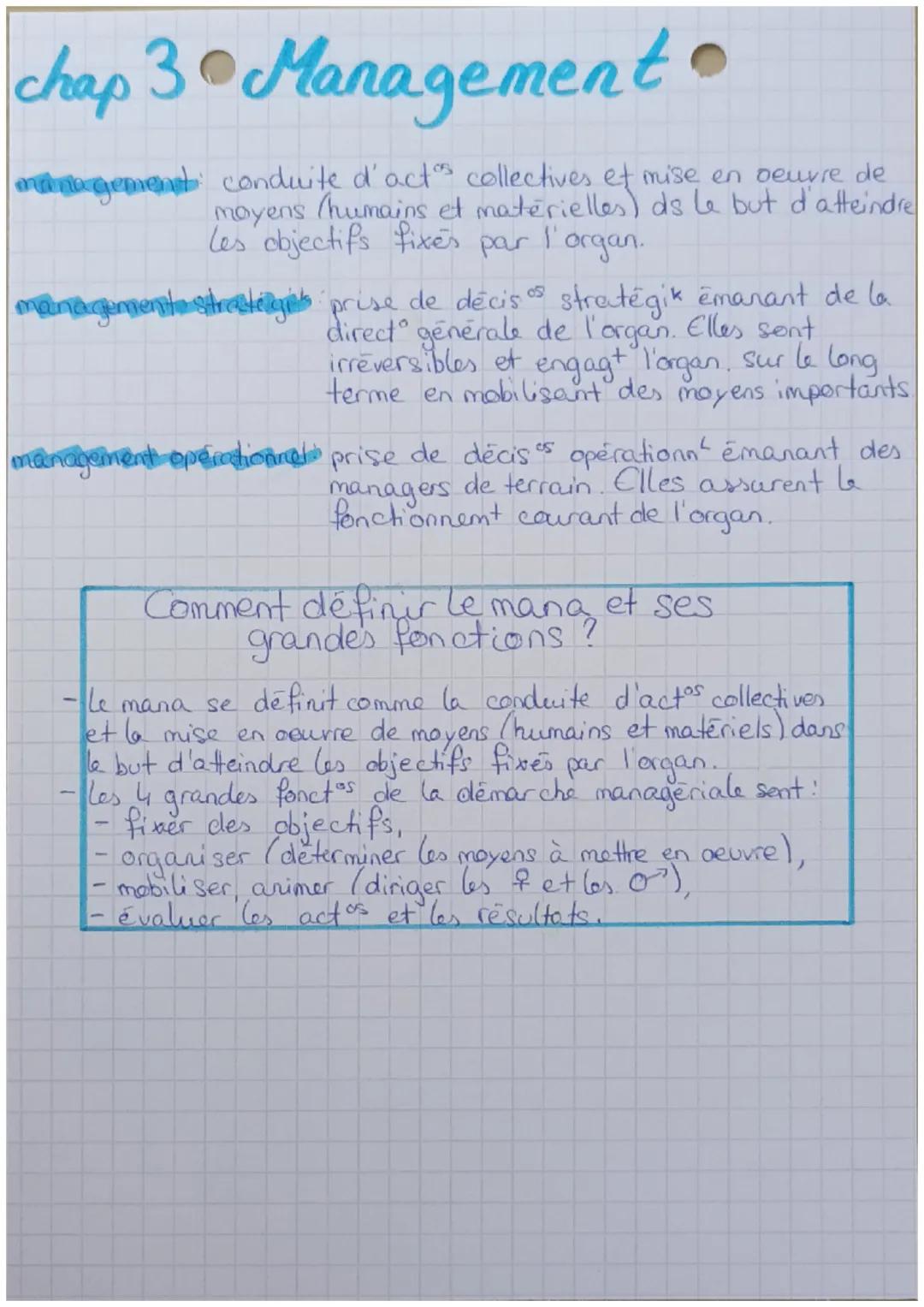 chap 3 Management •
management conduite d'act's collectives et mise en oeuvre de
moyens (humains et matérielles) ds le but d'atteindre
les o