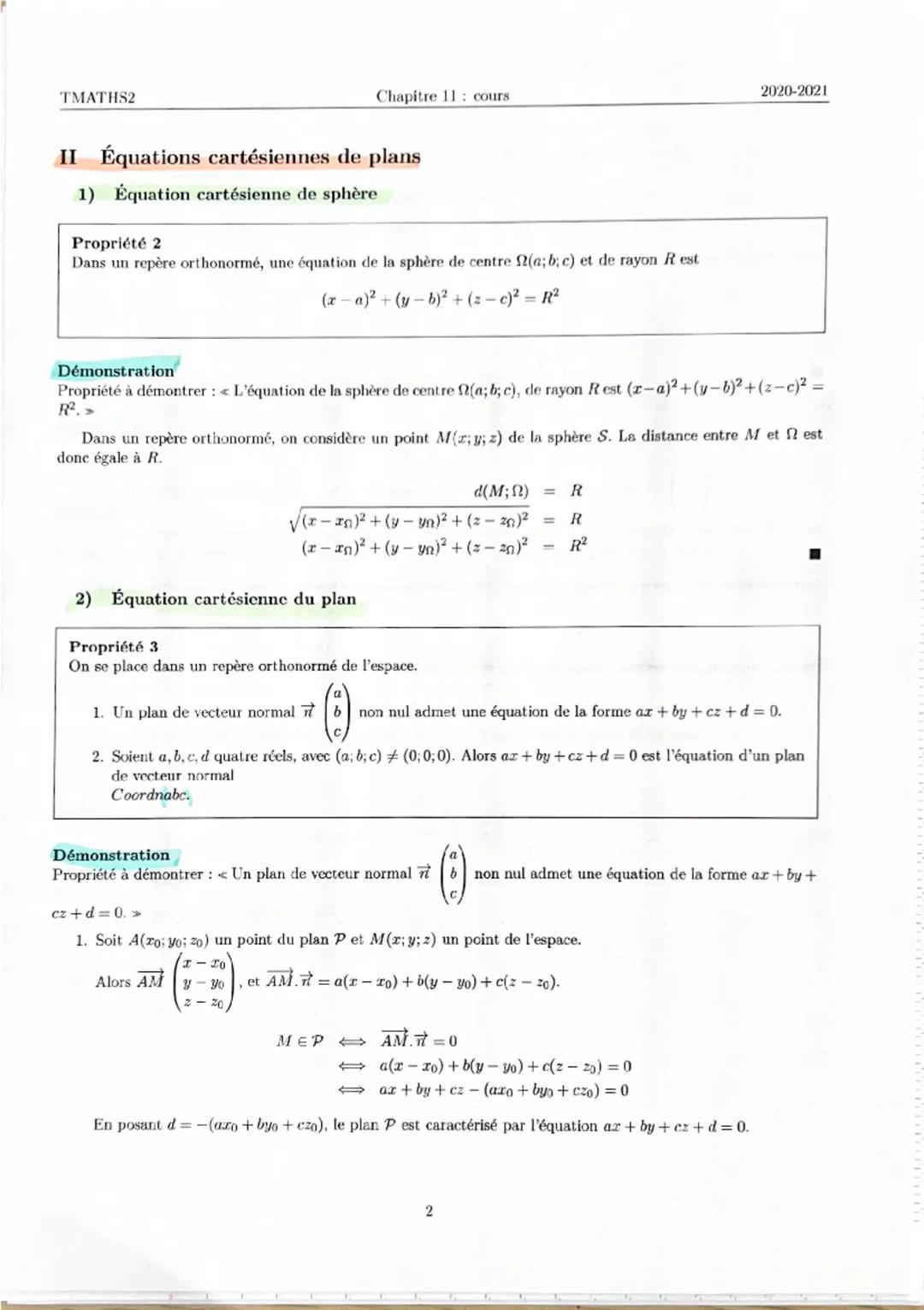 TMATHS2
Chapitre 11 : cours
2020-2021
Représentations paramétriques et équations cartésiennes
L'espace est rapporté à un repère (O,i,j,k)
I