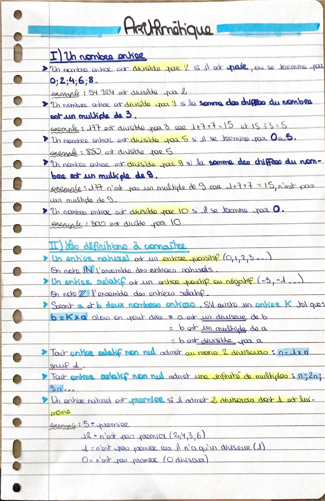 Archimetique
I Un nombea antive
•Un nombro entice oor divisible par 2 si il at have, ou se toemine par
0;24;6;8
exemple : 54 324 oor divisib
