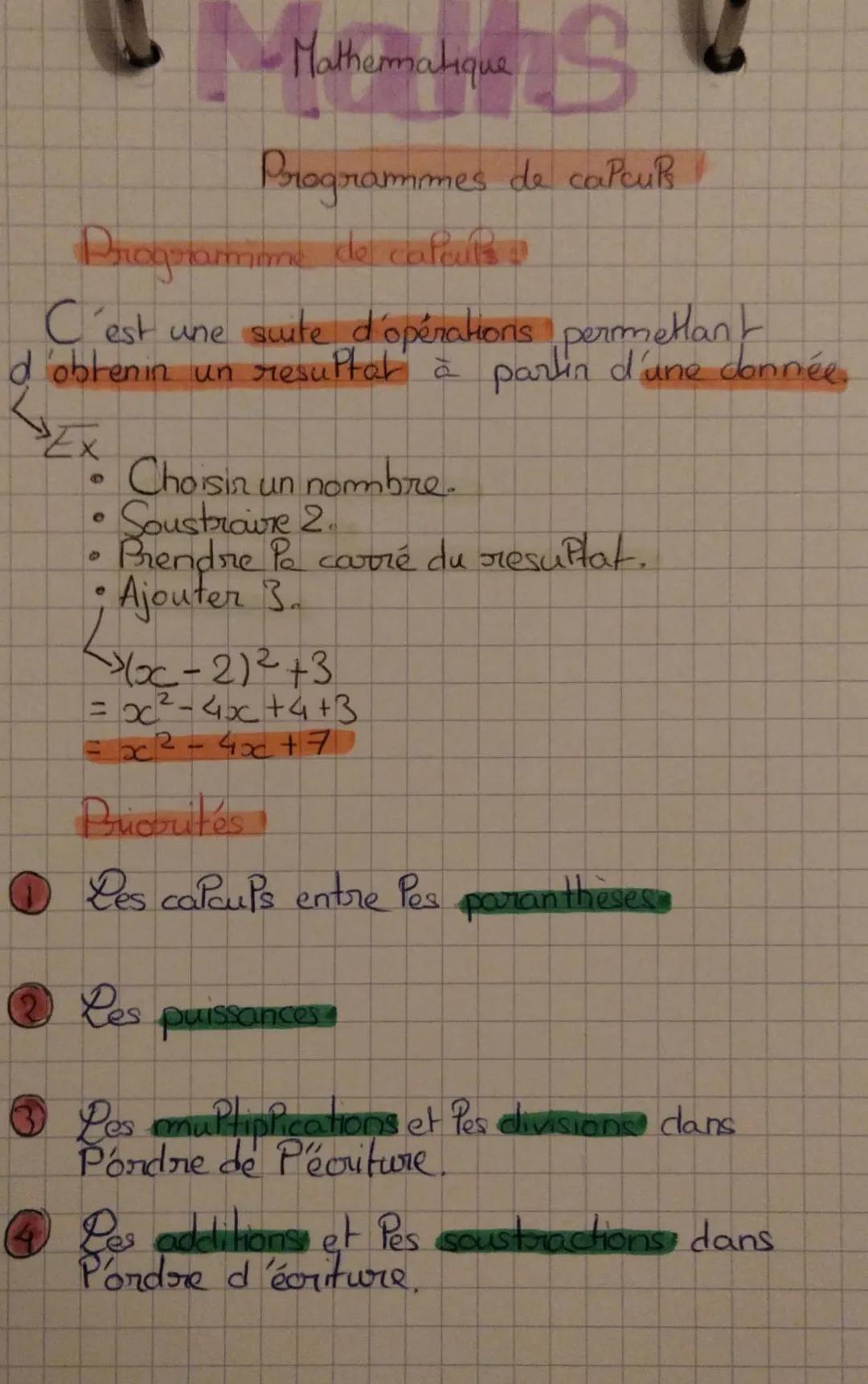 in S
Mathematique
Programmes de calculs
!!
Programme de calculs
C'est une suite d'opérations permettant
d'obtenin un resultat à partir d'une