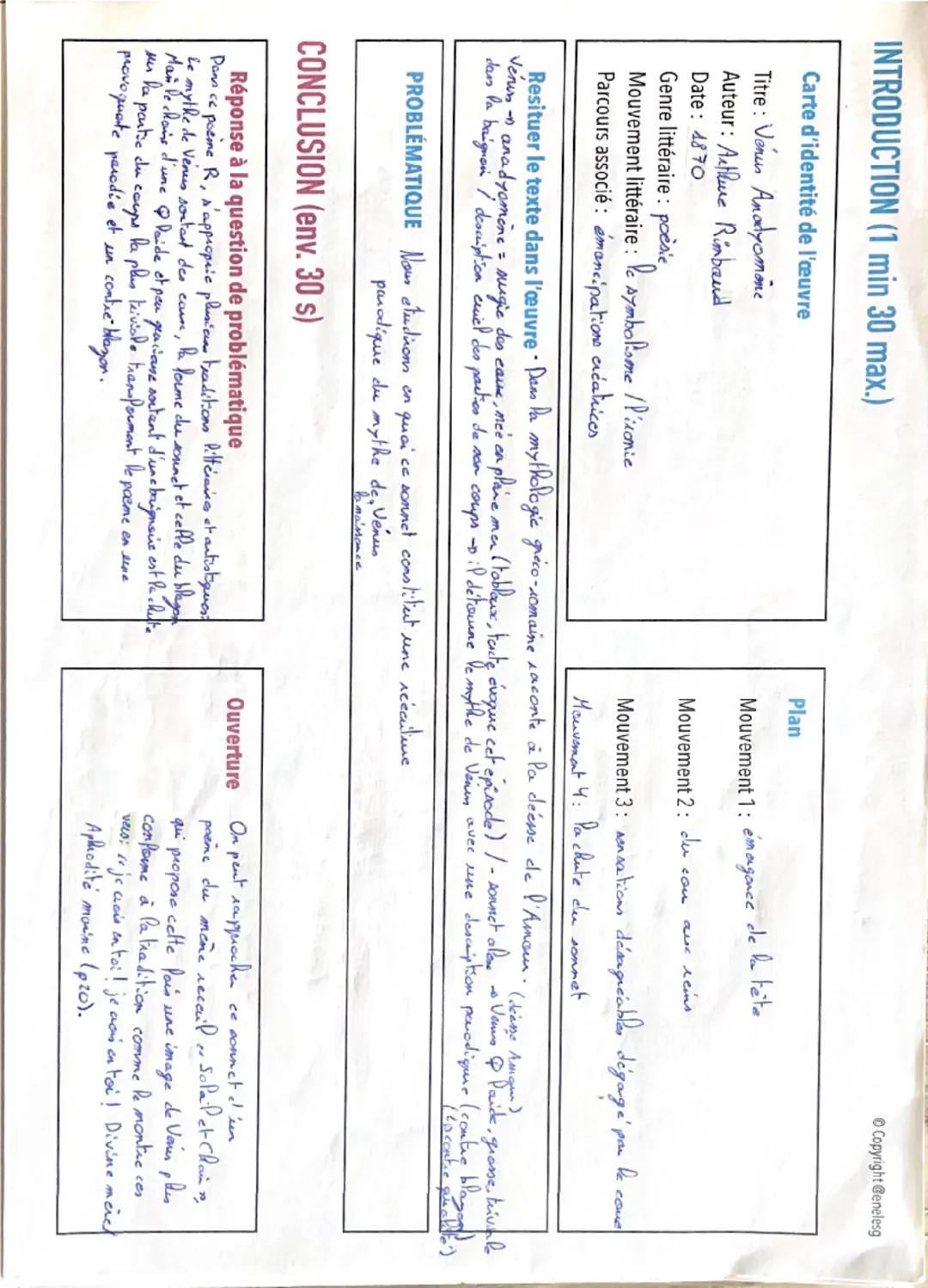 --- OCR Start ---
INTRODUCTION (1 min 30 max.)
Carte d'identité de l'œuvre
Titre: Venus Anadyomone
Auteur: Arthur Rimbaud
Date: 4870
Genre l